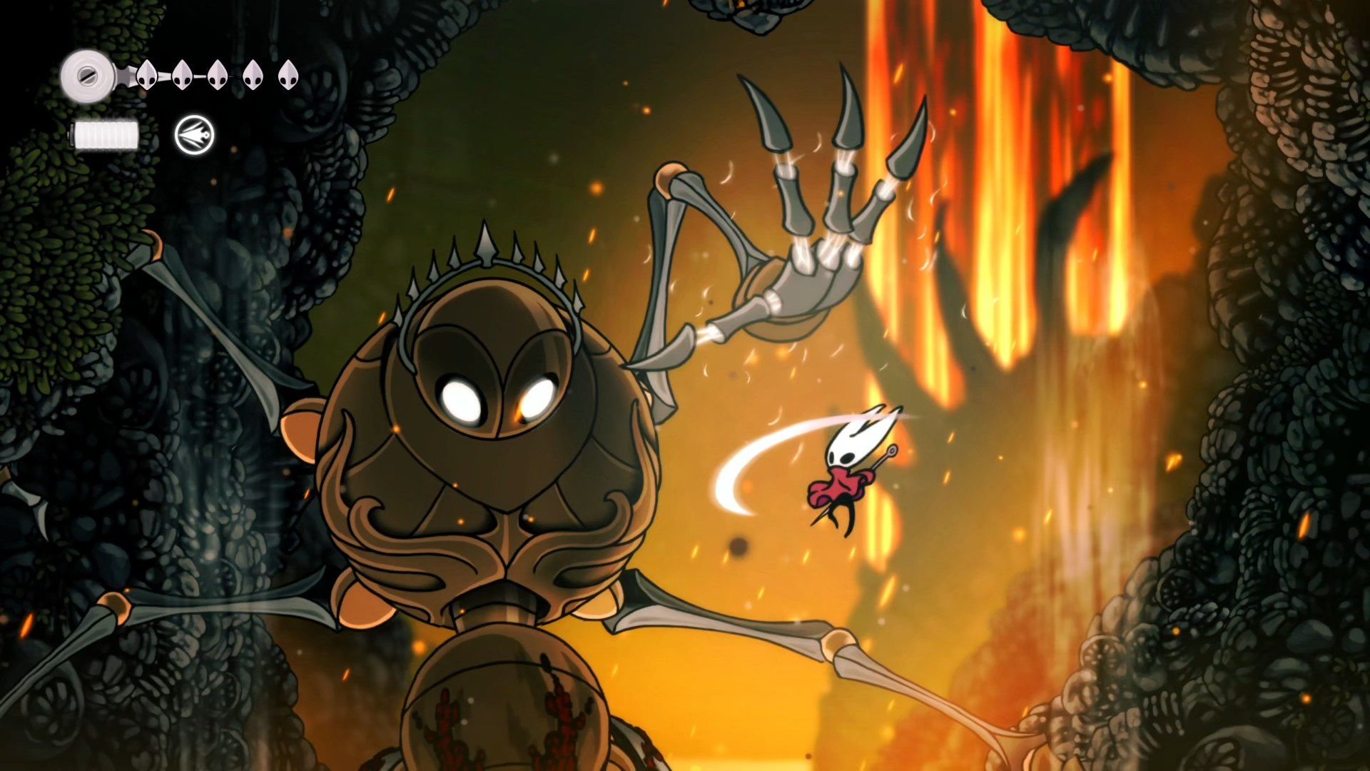 A screenshot of Hollow Knight: Silksong. A towering robot with four mechanical arms slams down toward a small character with a white mask and red cloak.