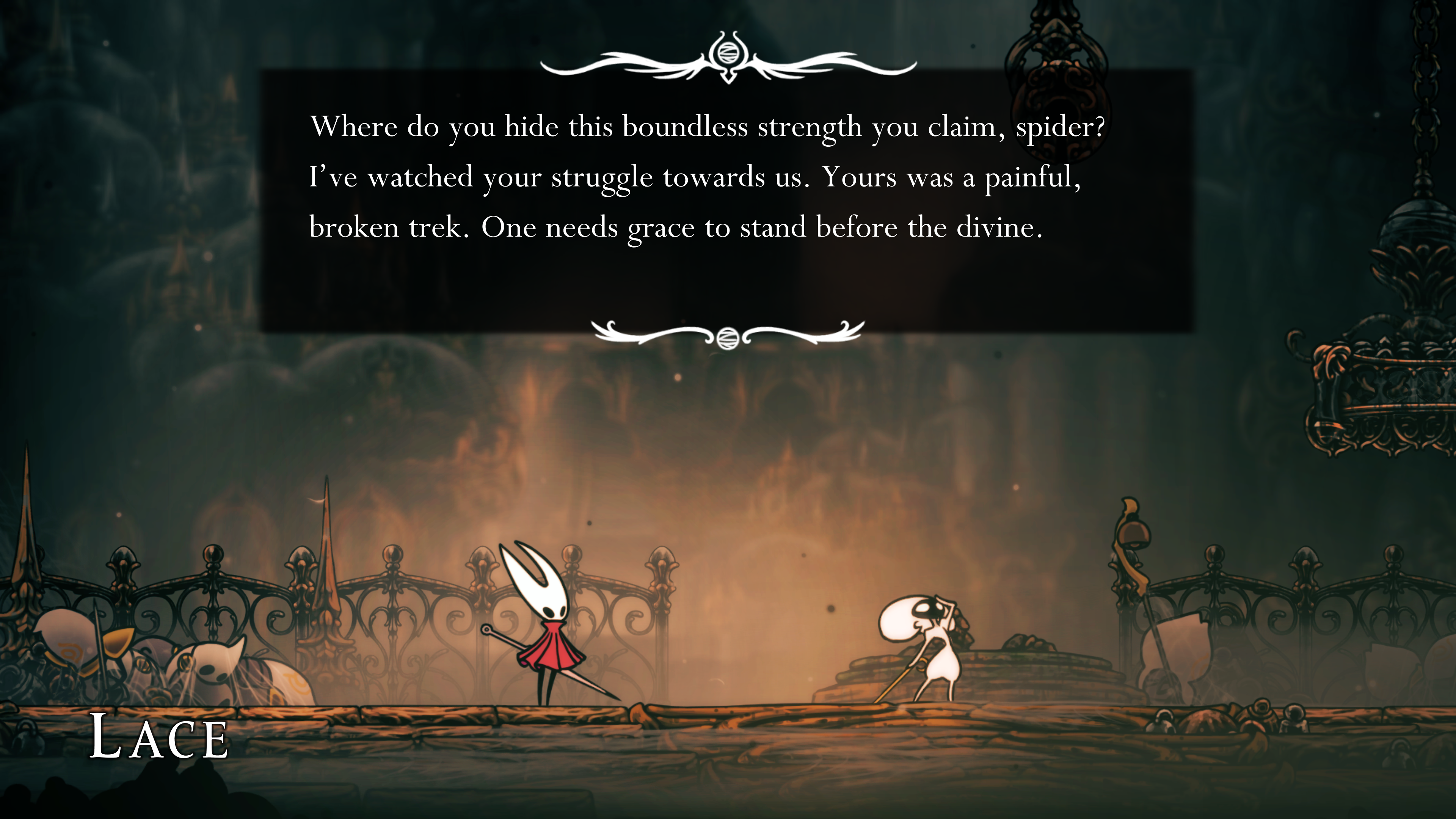 A screenshot of Hollow Knight: Silksong. A dialogue scene between main character Hornet and her nemesis Lace set on a golden platform that has dulled with age. Hornet stands on the left wearing her white mask and red cloak, needle at the ready. Opposite her is Lace, a short bug in a white suit holding her own blade. She has her arm raised and hand on her forehead while asking Hornet, 