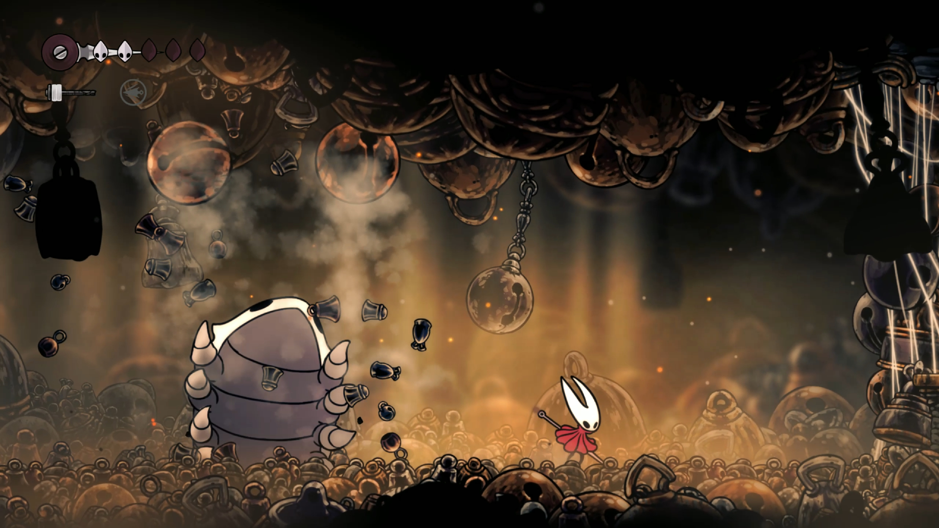 Silksong Bell Beast: The Bell Beast roaring as it launches two large bells into the air.