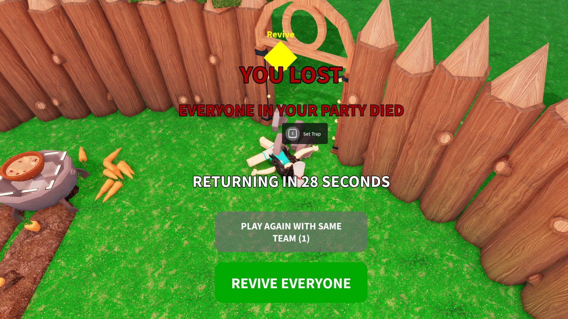 The 99 Nights in the Forest game over screen, showing a Roblox character dead with big