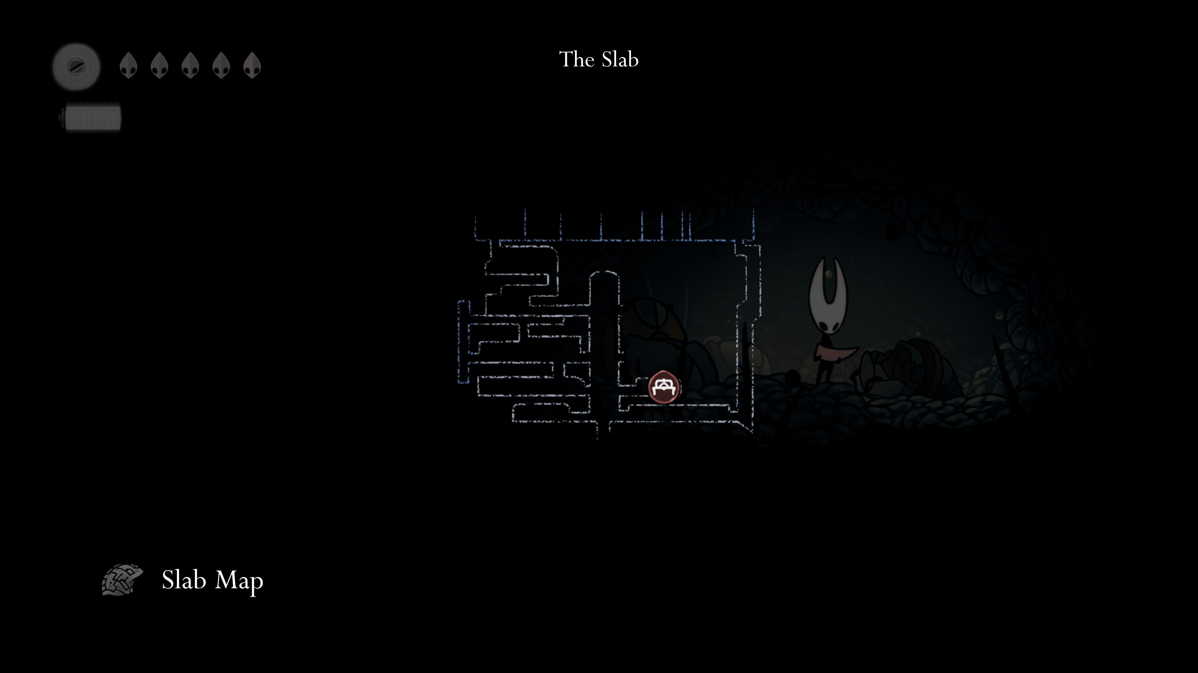 A screenshot of Hollow Knight: Silksong. A semi-transparent map of The Slab sits over the main character Hornet as she peers down at a map unfolded in her hands.