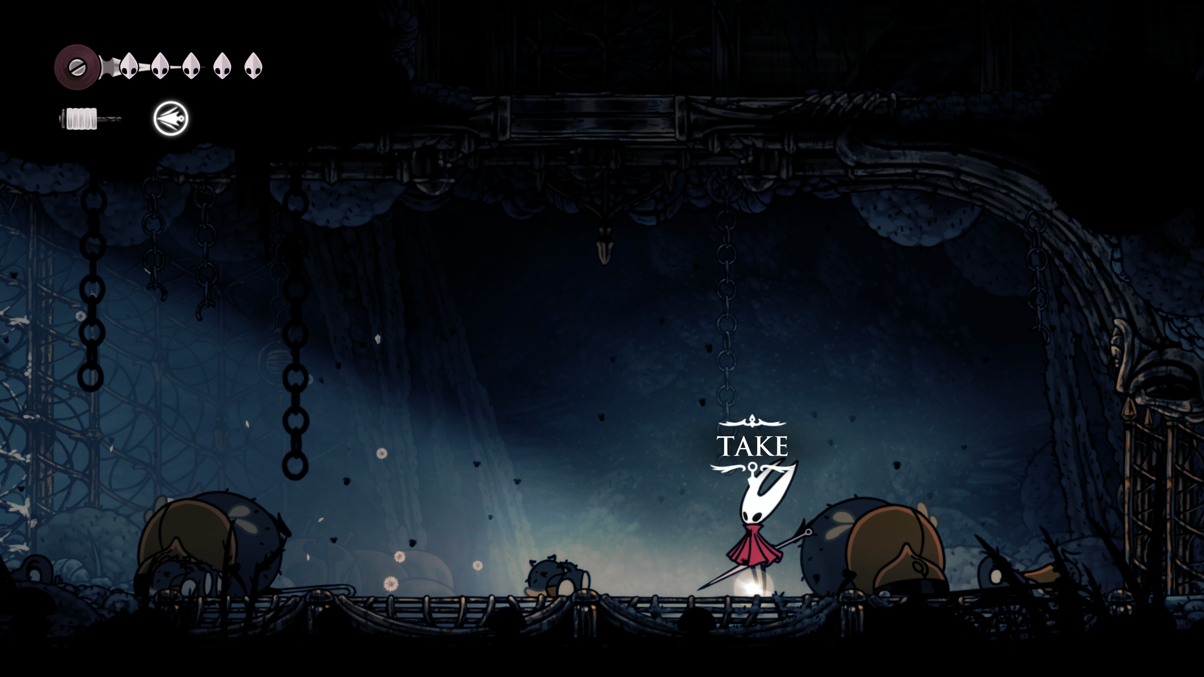 A screenshot of Hollow Knight: Silksong. A short character with a red cloak and a white head stands in a dark room with sunlight filtering in through chains on the left. A glowing white item is at her feet with a prompt that says TAKE.