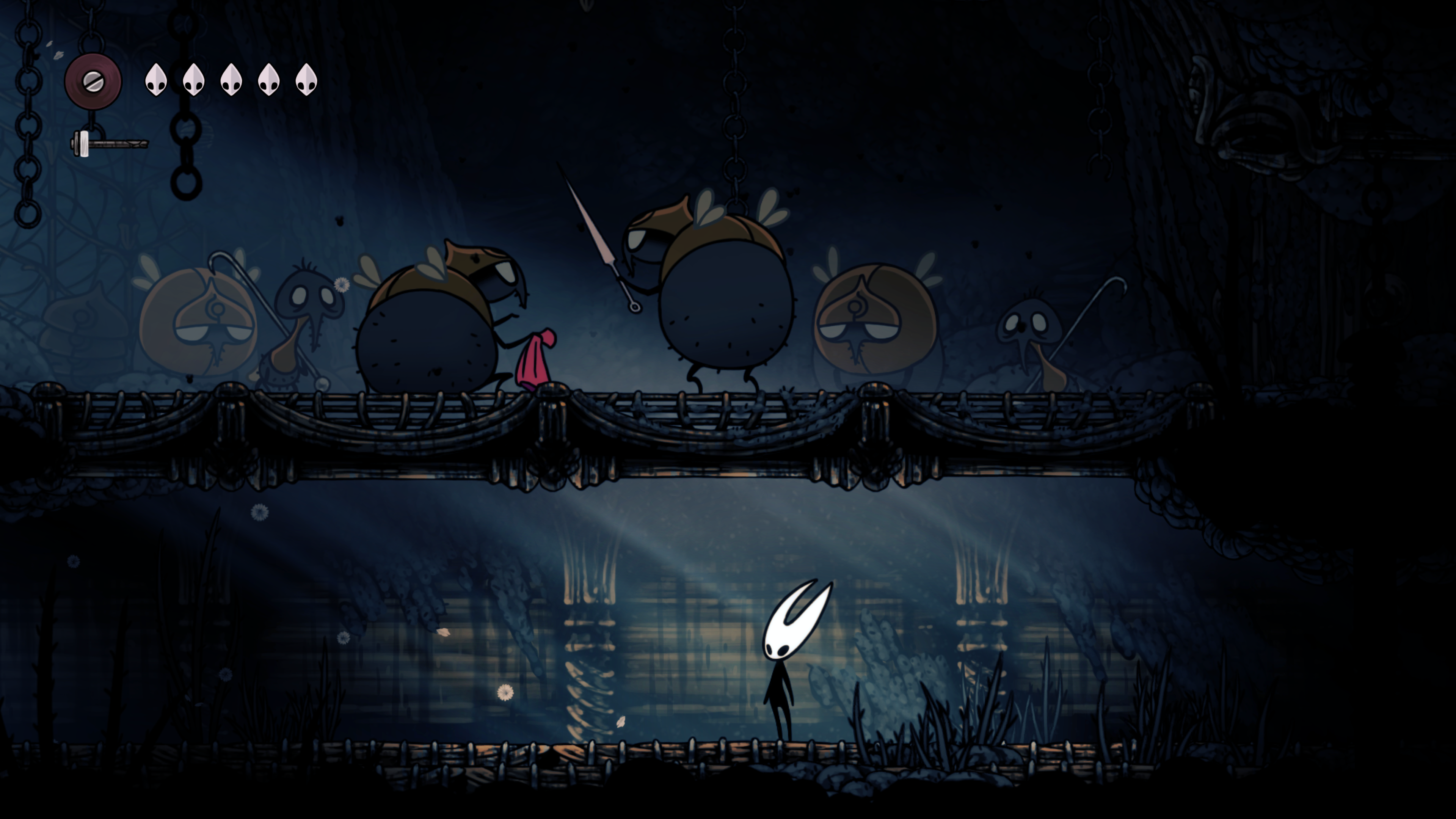 A screenshot of Hollow Knight: Silksong. A small character with a white head stands below a group of fly-like characters holding weapons and a red cape.