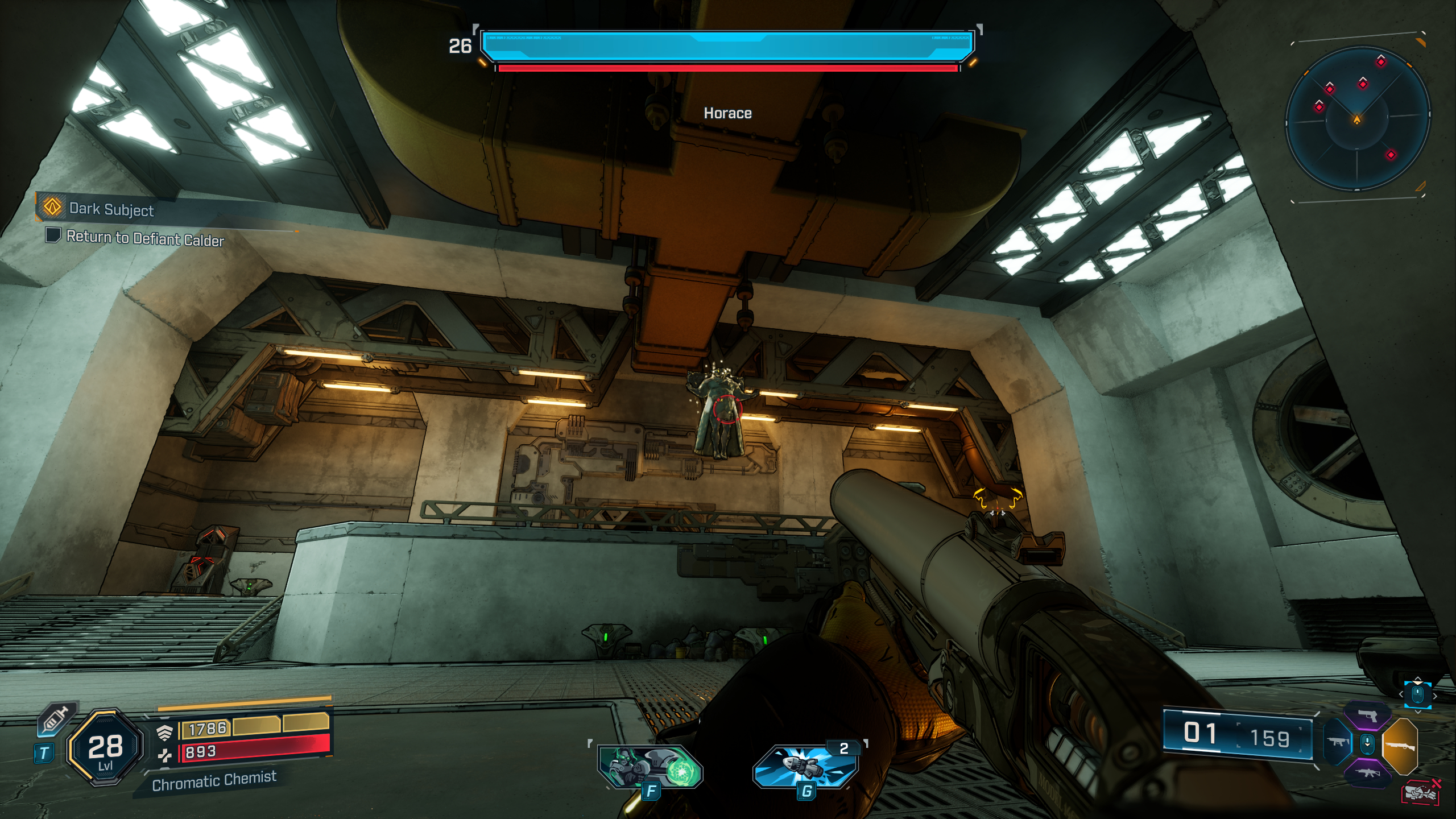 Borderlands 4 Aegon's Dream location: A player looking at the Horace boss as he floats in the air in a large concrete room.