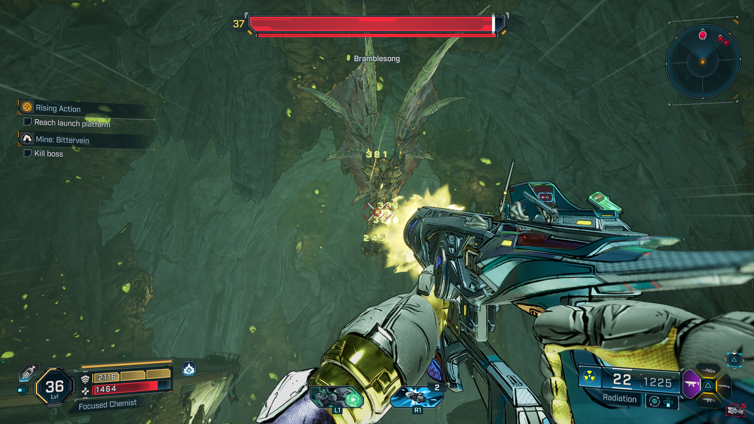 Borderlands 4 Convergence location: A player looking up and firing at the Bramblesong boss inside a dark cave.