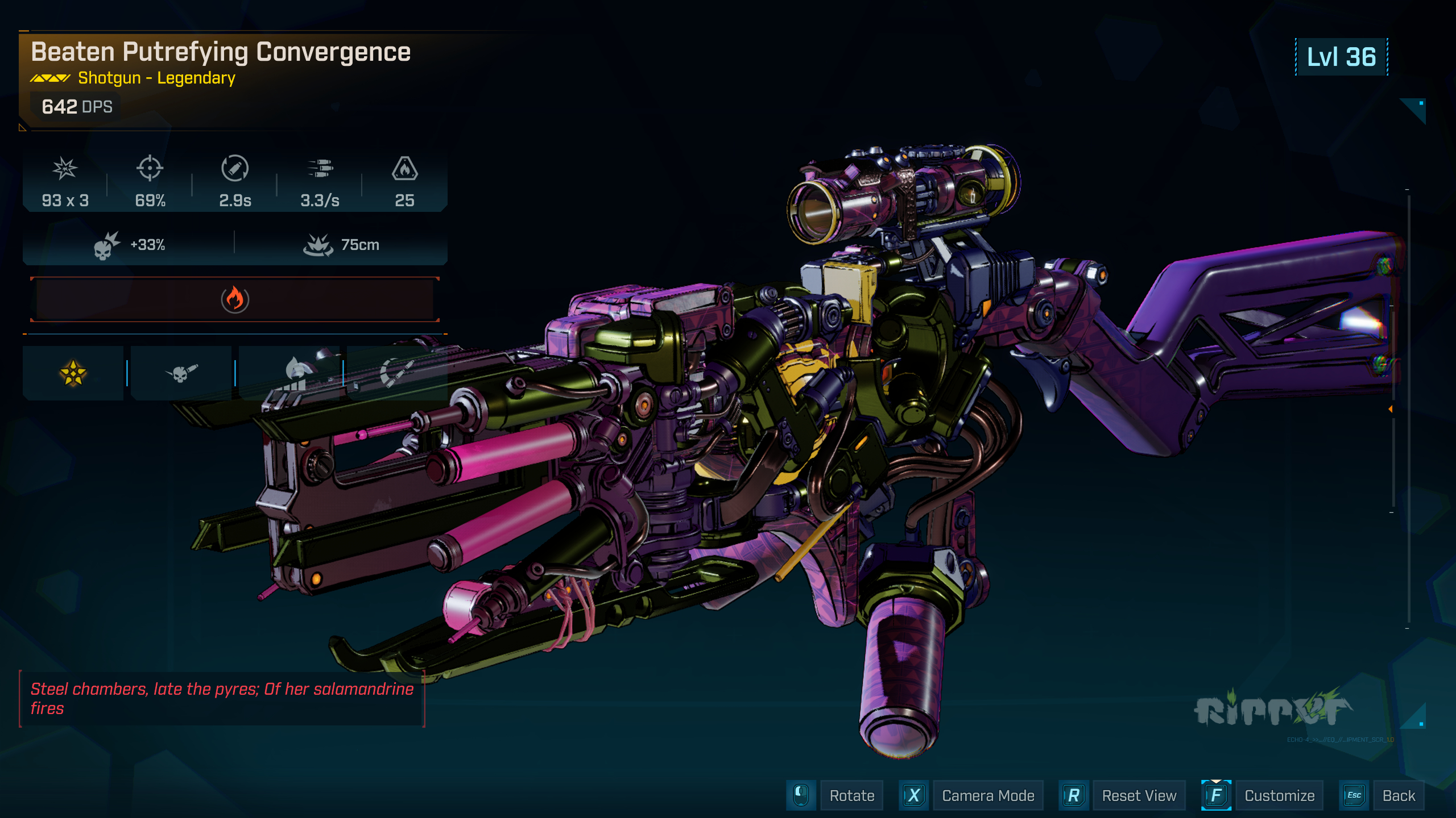 Borderlands 4 Convergence location: The Convergence legendary shotgun viewed in the inspection screen th show its traits and design.