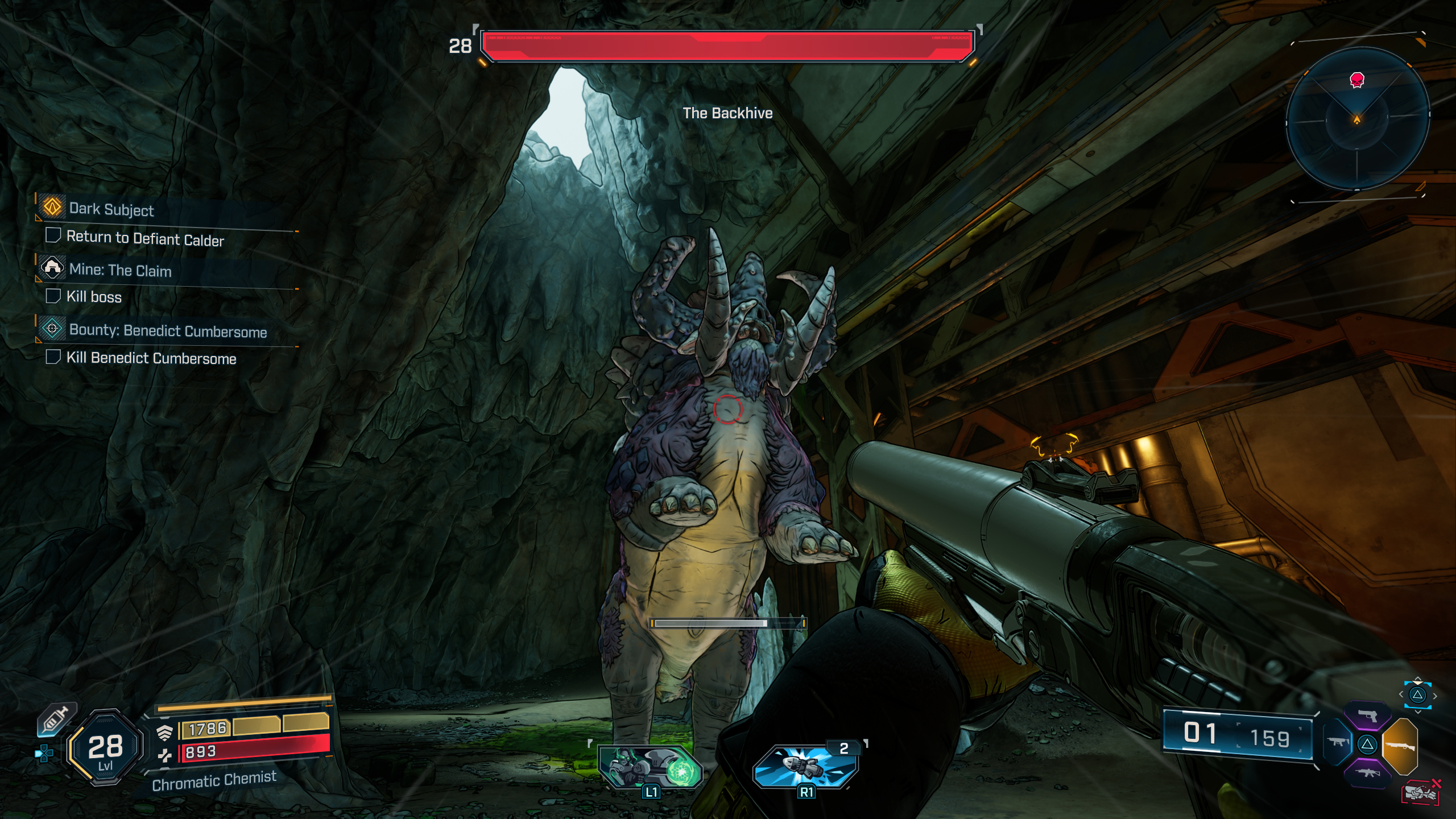 Borderlands 4 Triple Bypass location: A player looking at The Backhive beast boss as it rears on its hind legs inside a cave.