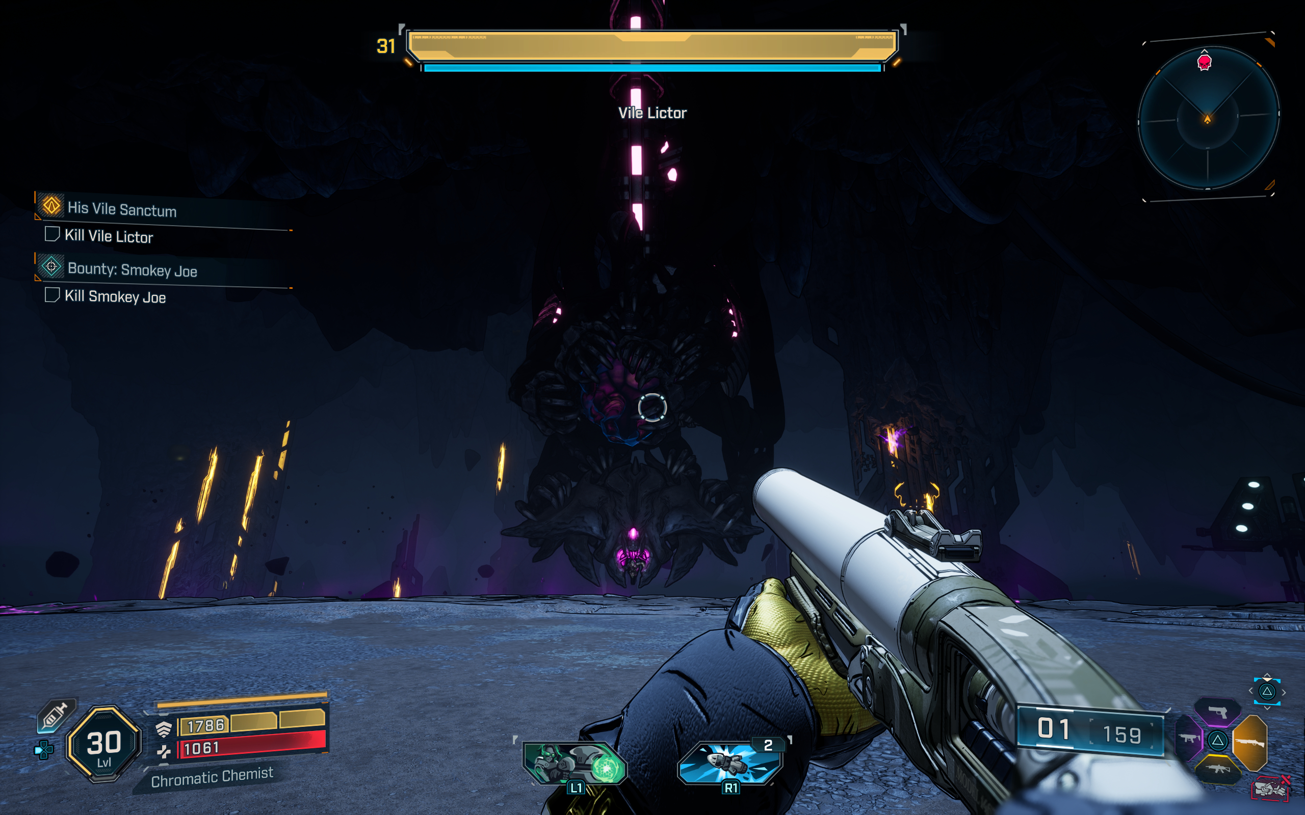 Borderlands 4 Undead Eye locations: A player looking at Vile Lictor inside a dark cave just as the fight begins.