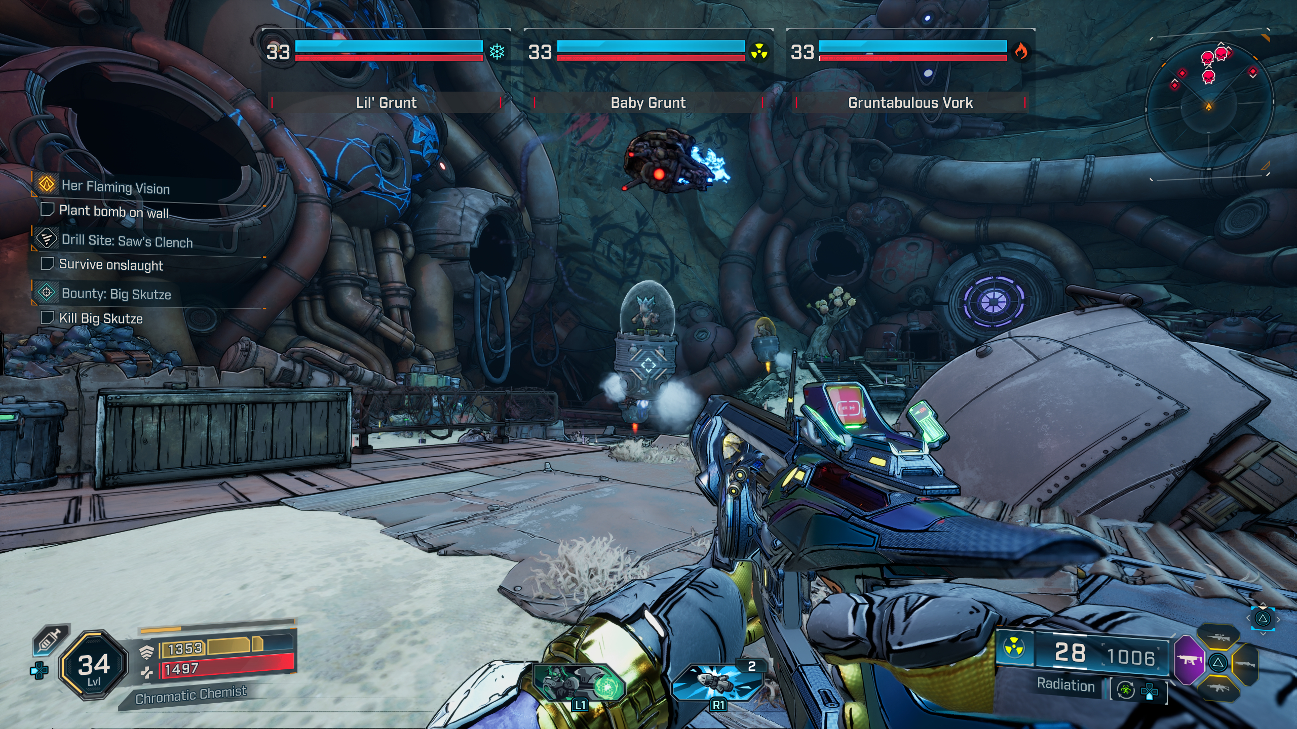 Borderlands 4 Wombo Combo location: A player looking up at the Rippa Roadbirds bosses at Saw Clench, who you can farm for this weapon.
