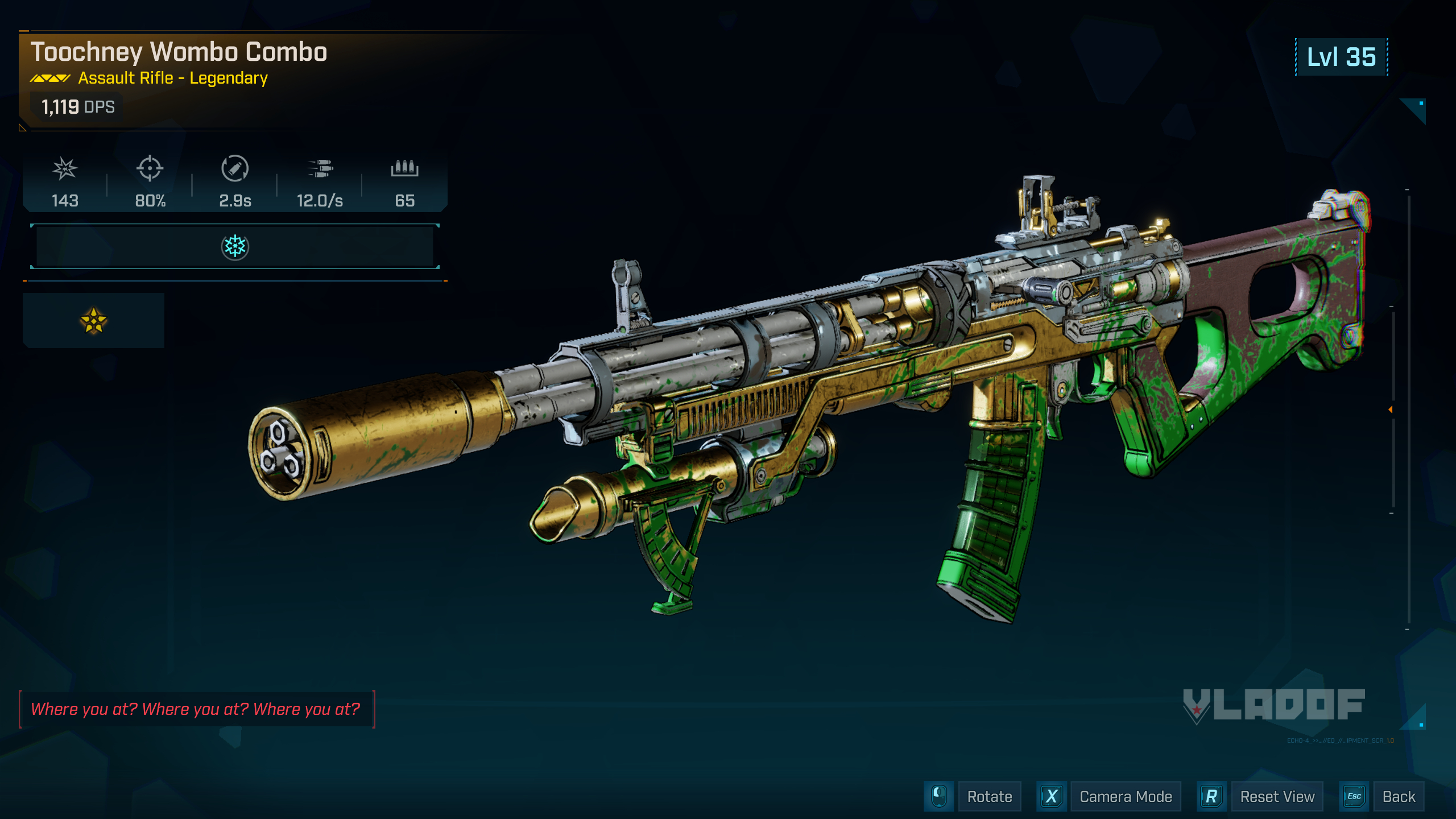 Borderlands 4 Wombo Combo location: The inspection screen for the Wombo Combo legendary assault rifle, showing its stats, traits, and design.