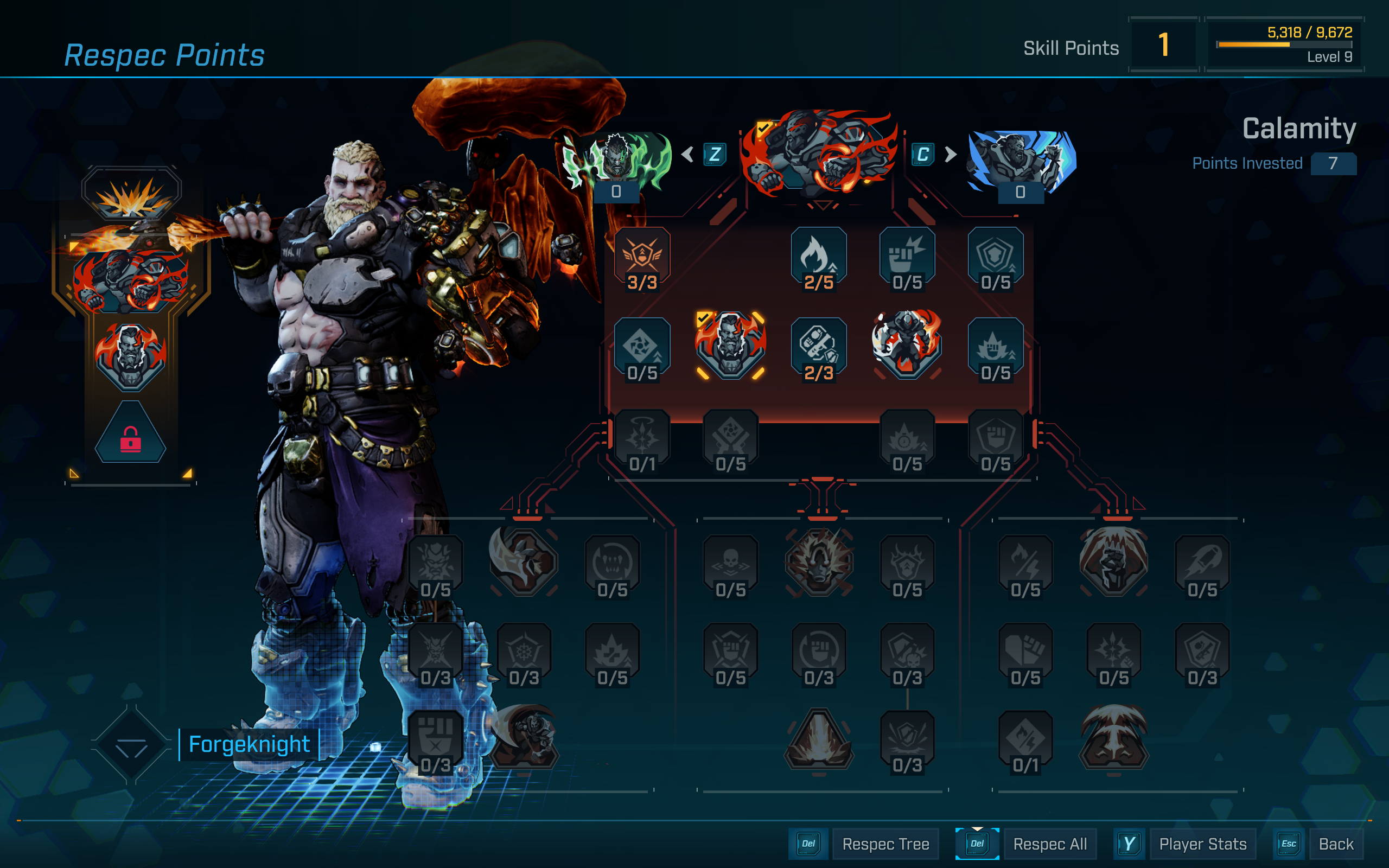 Borderlands 4 respec: The menu to reset your skill points, demonstrated with Amon, who's standing on the left side, next to a partially unlocked skill tree.