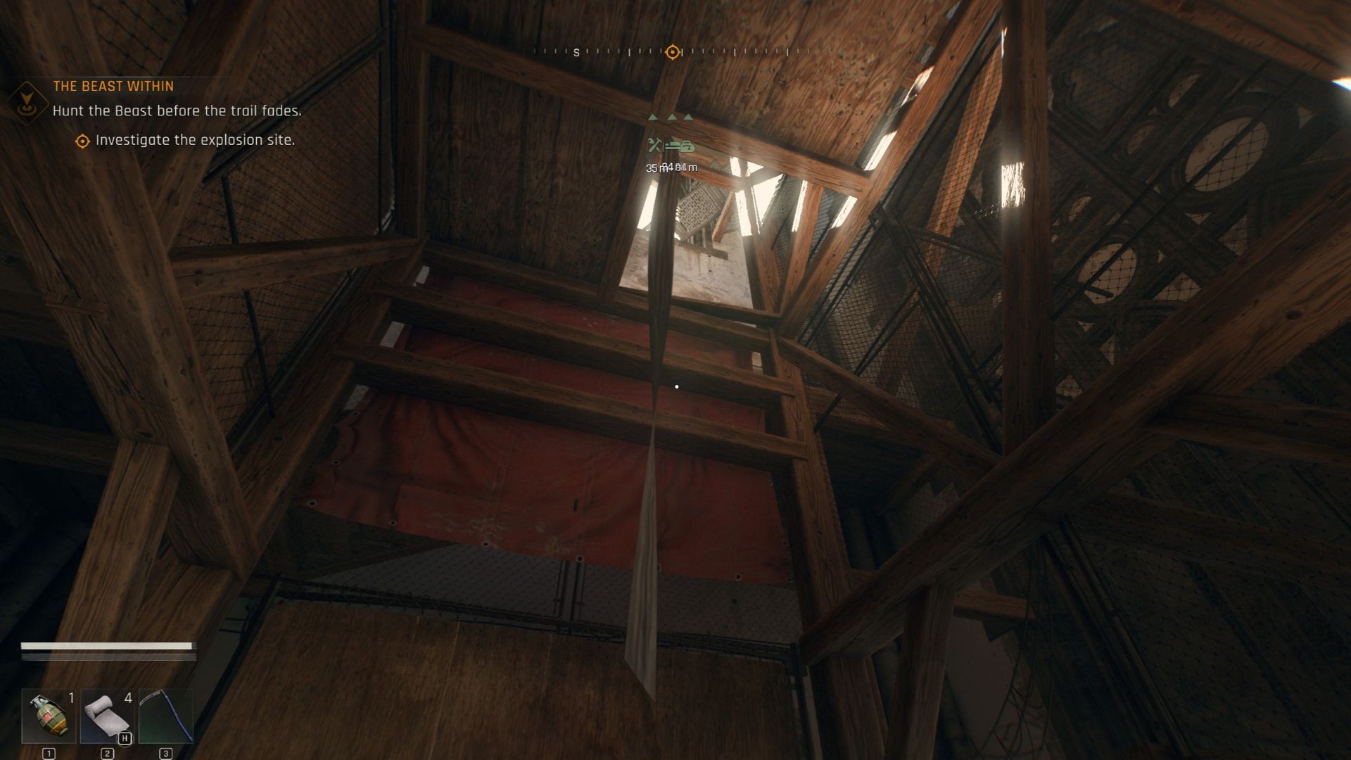 Dying Light: The Beast - Library Tower's entrance, there's a rope hanging down and some wooden ledges