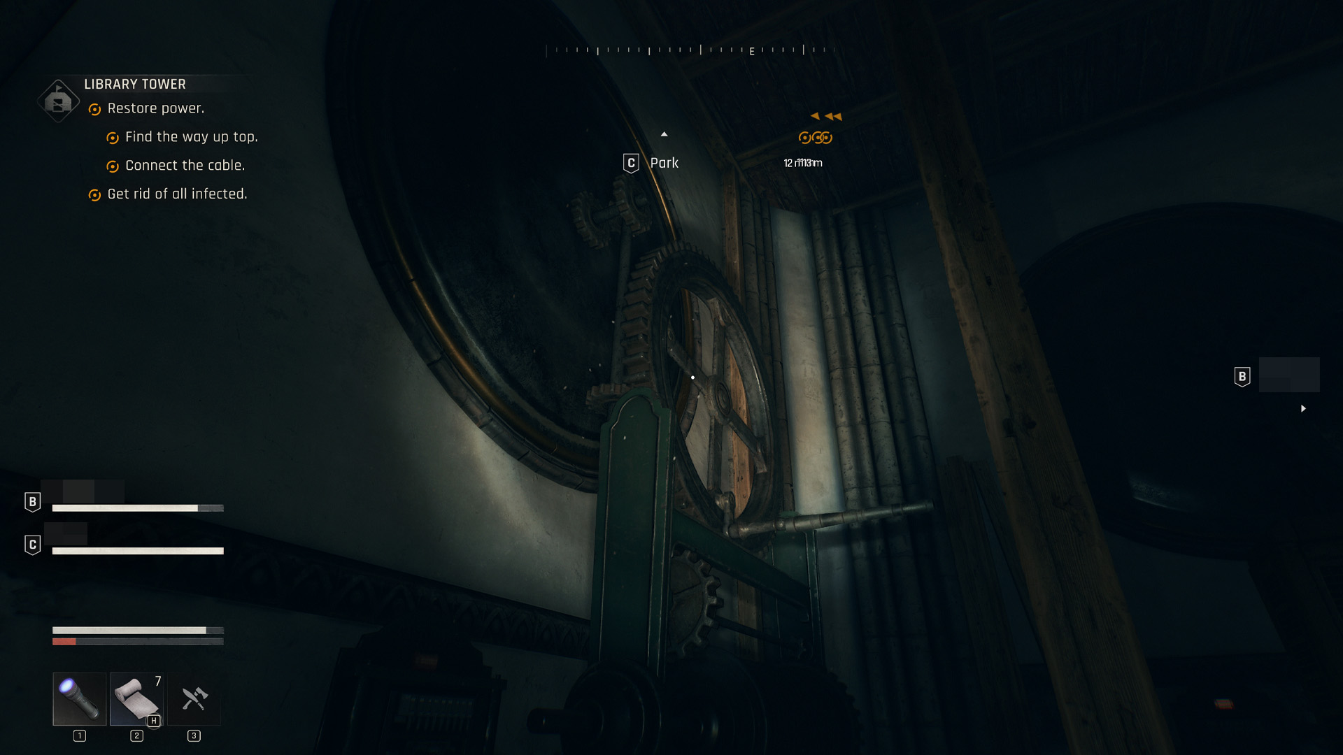 Dying Light: The Beast - The Library Tower's moving gear with a metal pipe to jump onto.