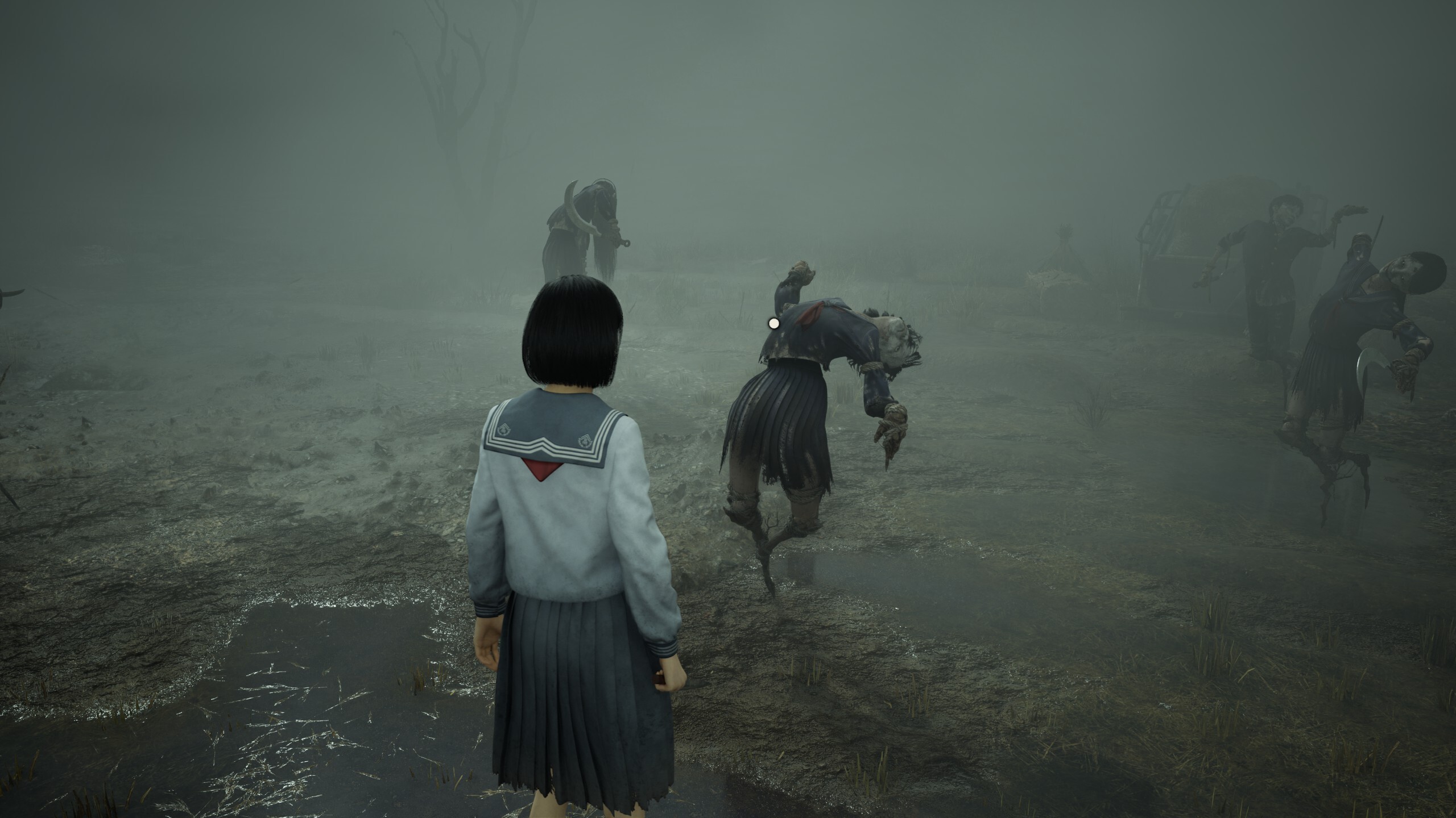 Silent Hill f scarecrow field puzzle: Hinako looking at another twisted scarecrow.