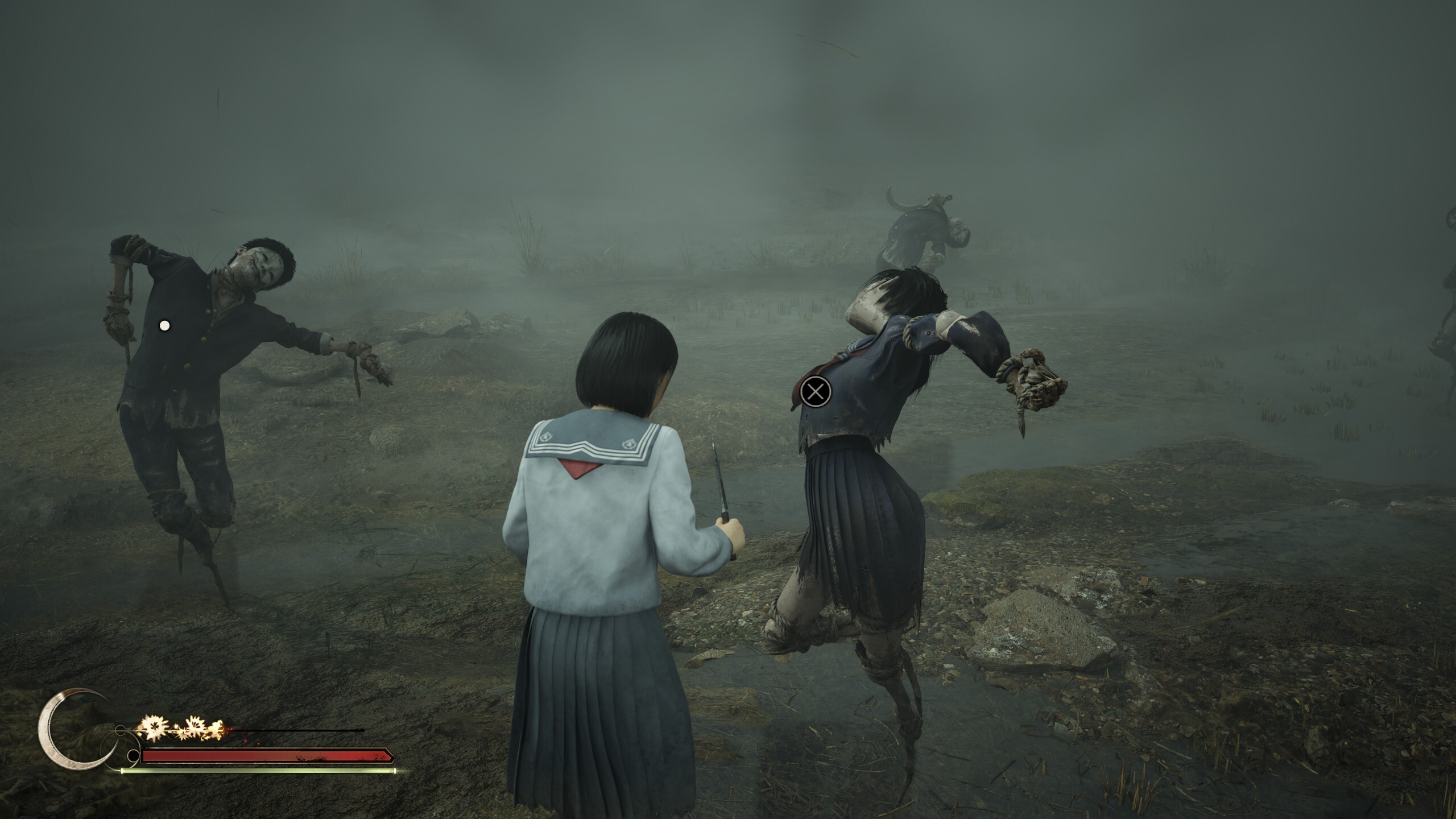 Silent Hill f scarecrow field puzzle: Hinako approaching a scarecrow.