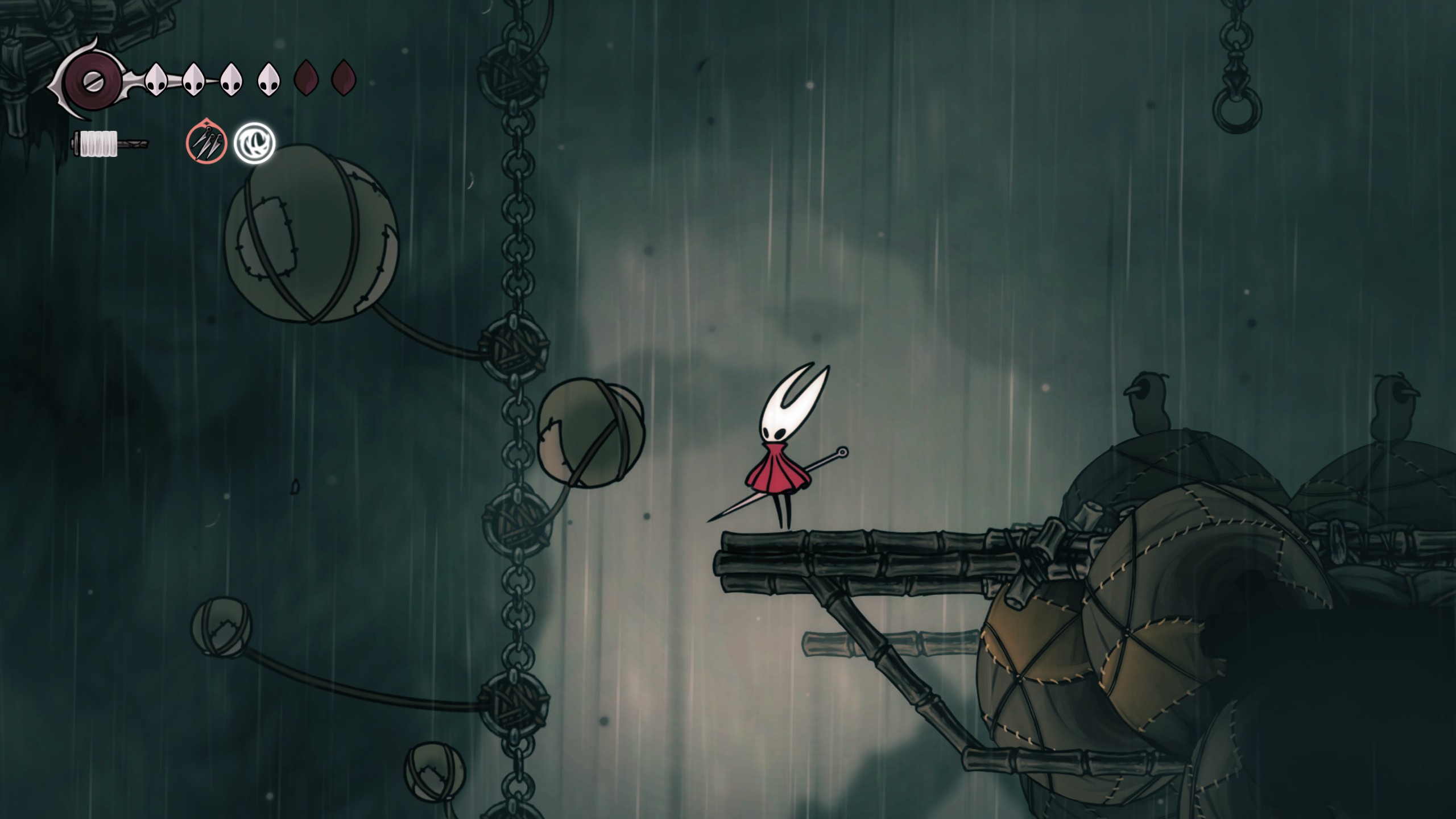 Hornet looking at balloons in Hollow Knight: Silksong.