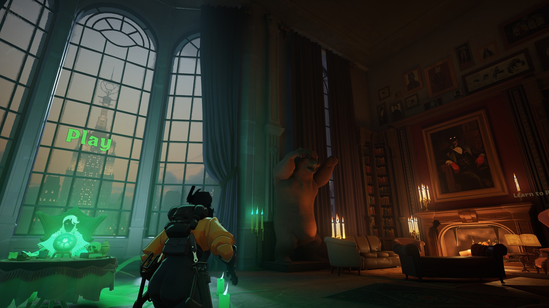 Various images of the hideout in Deadlock; a play shrine, a cosy shop, and a testing room.