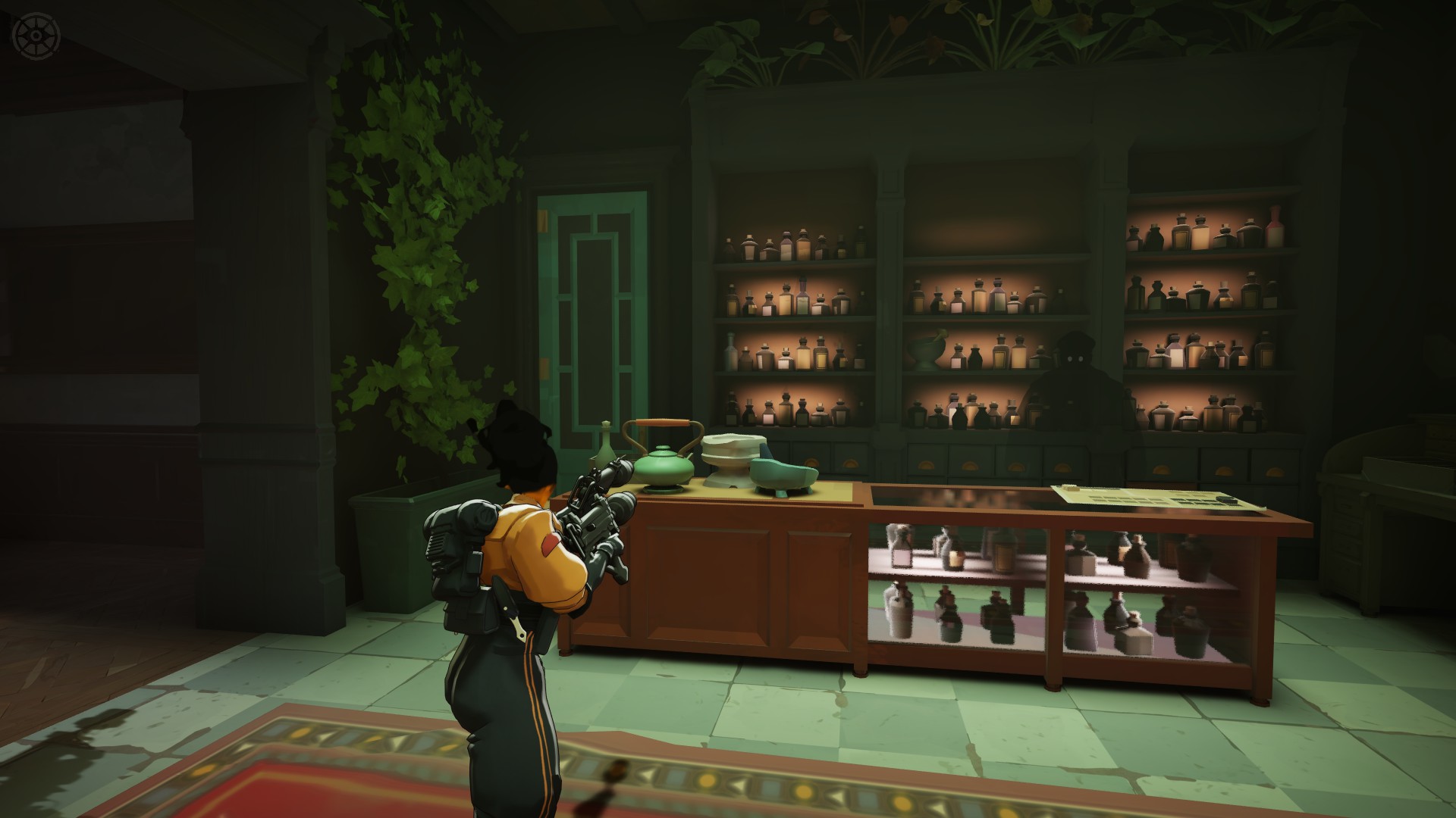 Various images of the hideout in Deadlock; a play shrine, a cosy shop, and a testing room.