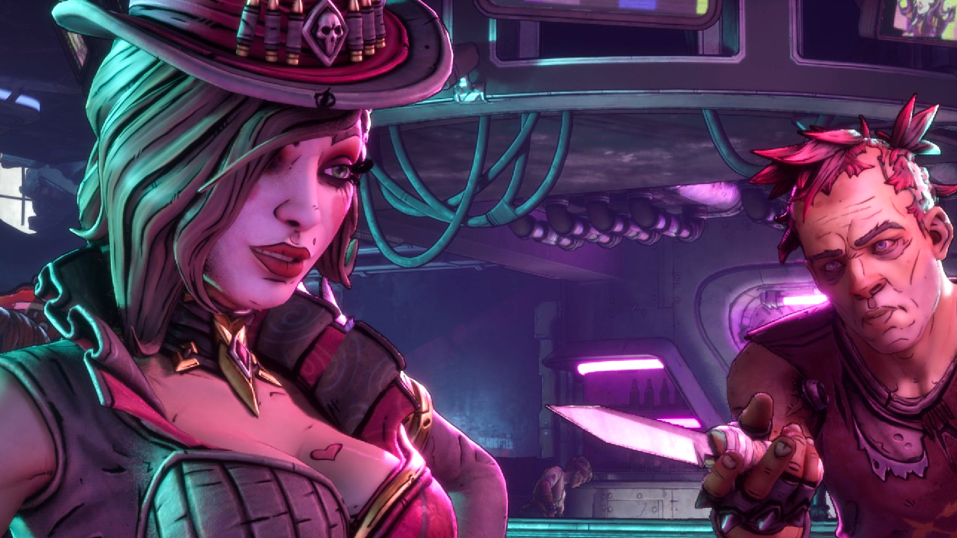 Moxxi in Borderlands 4 looks skeptical as a stranger points a knife at her.
