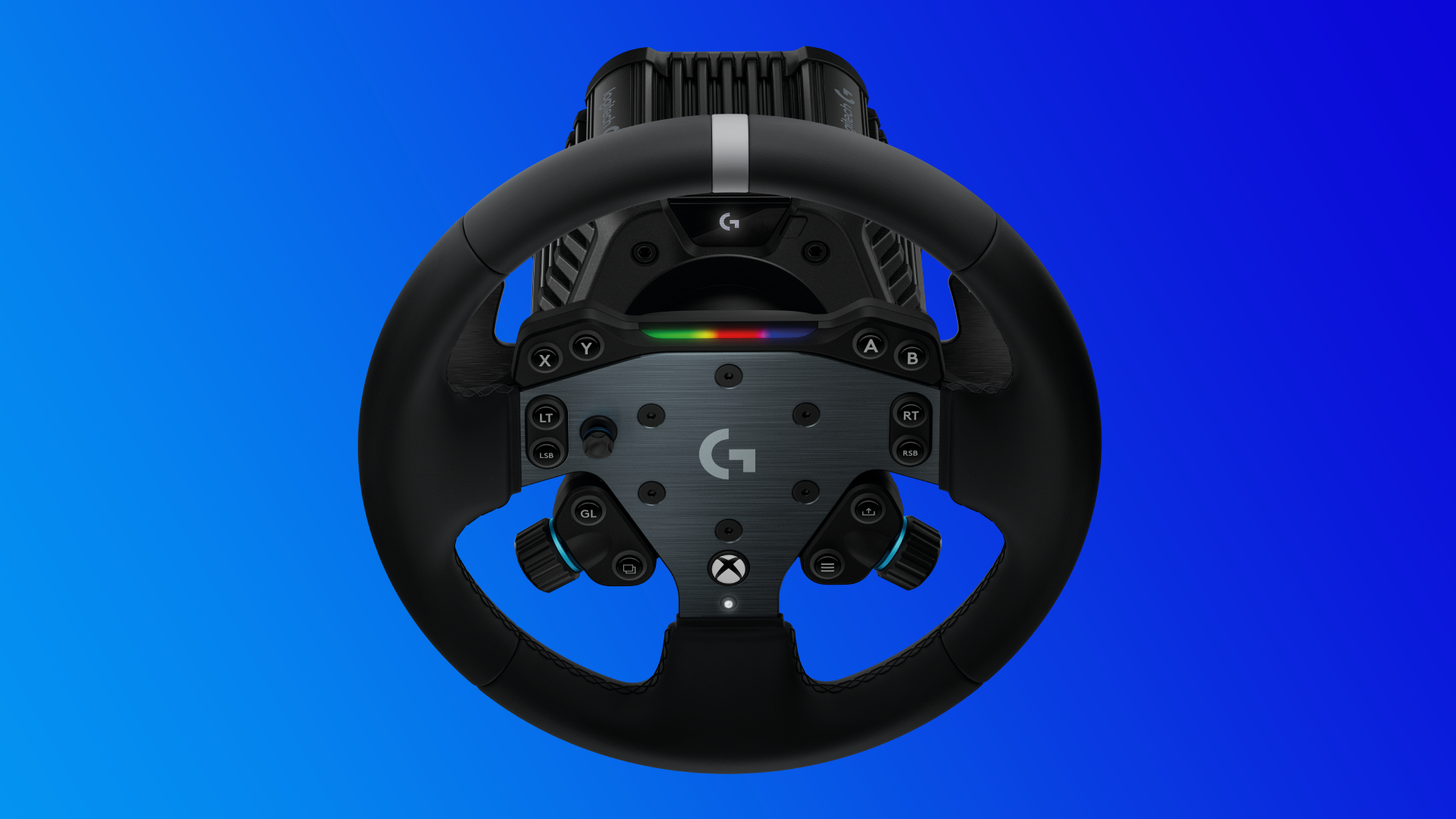 The Logitech RS50 Wheelbase and G Pro wheel on a blue gradient background