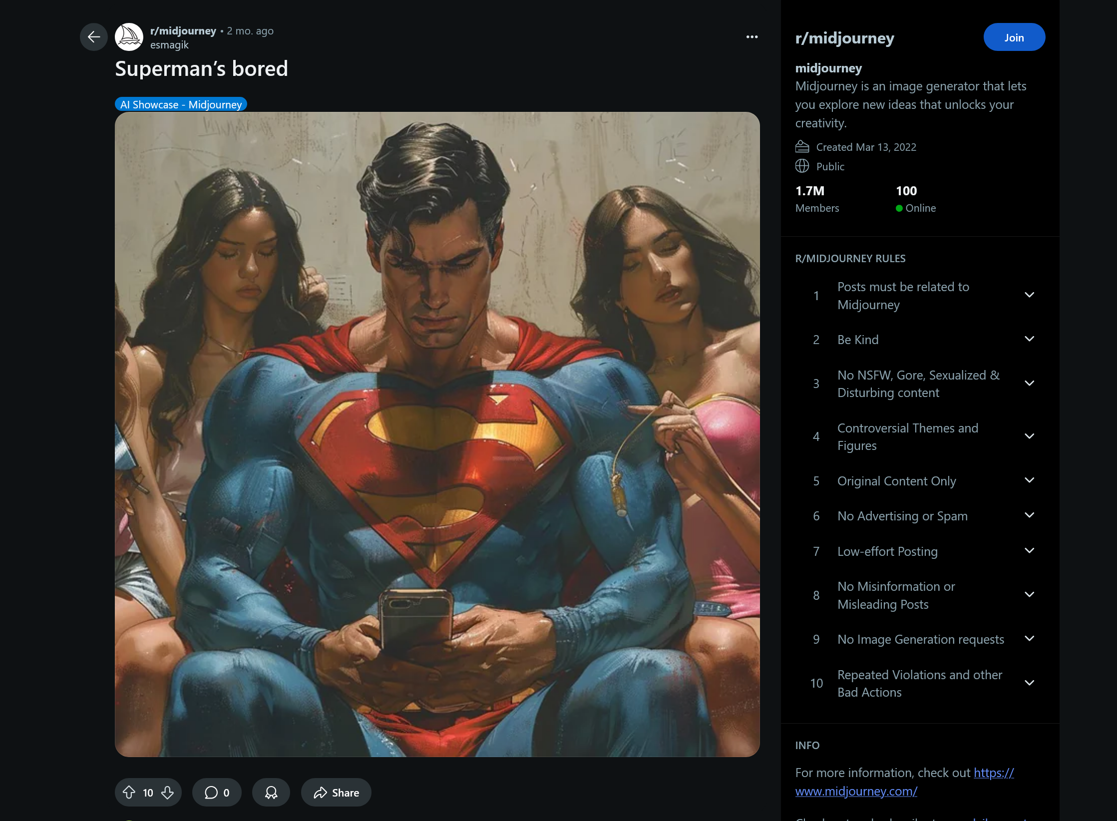 Midjourney-generated image of Superman playing on his phone