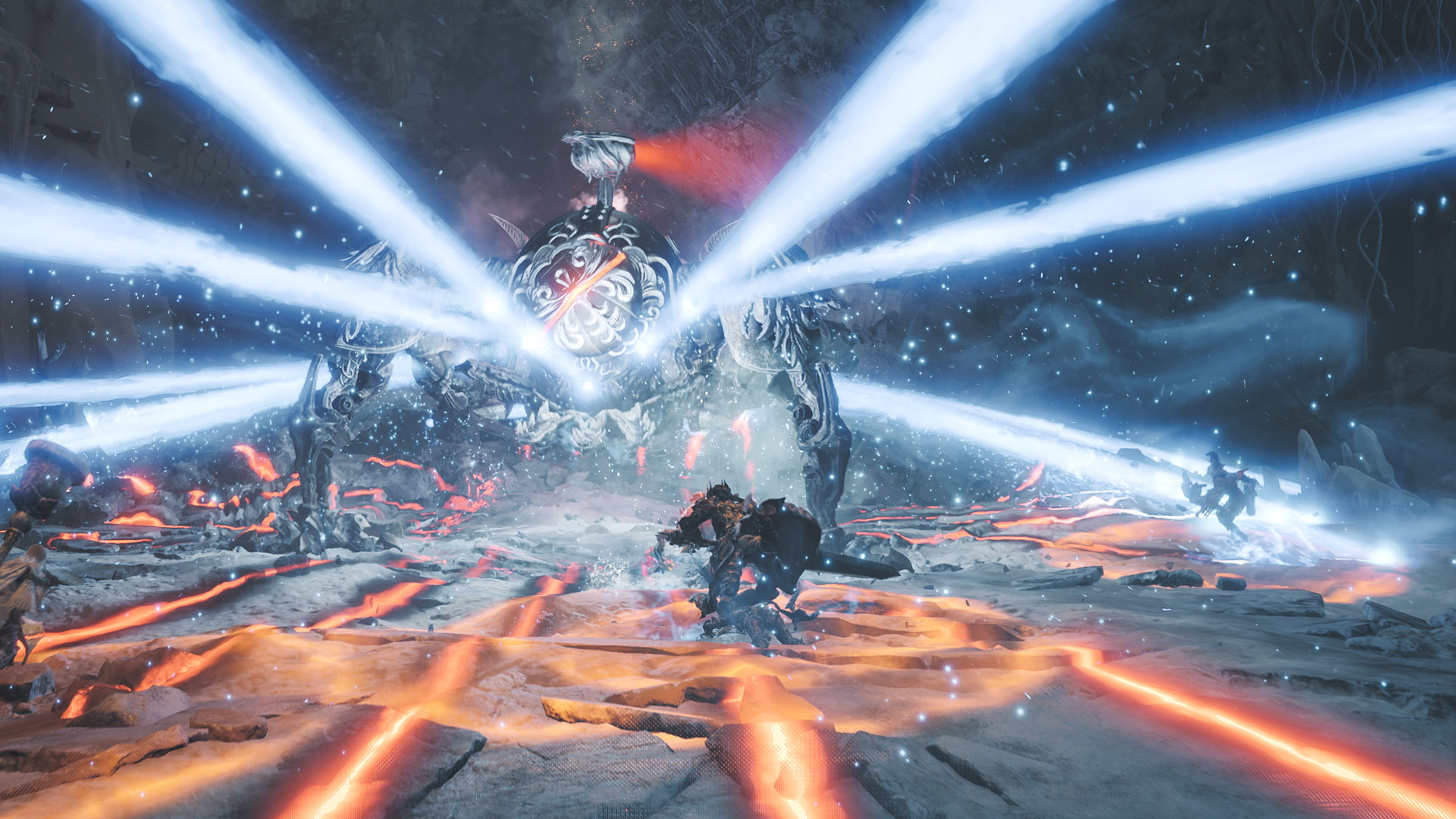 Omega Planetes firing a storm of lasers in Monster Hunter Wilds.