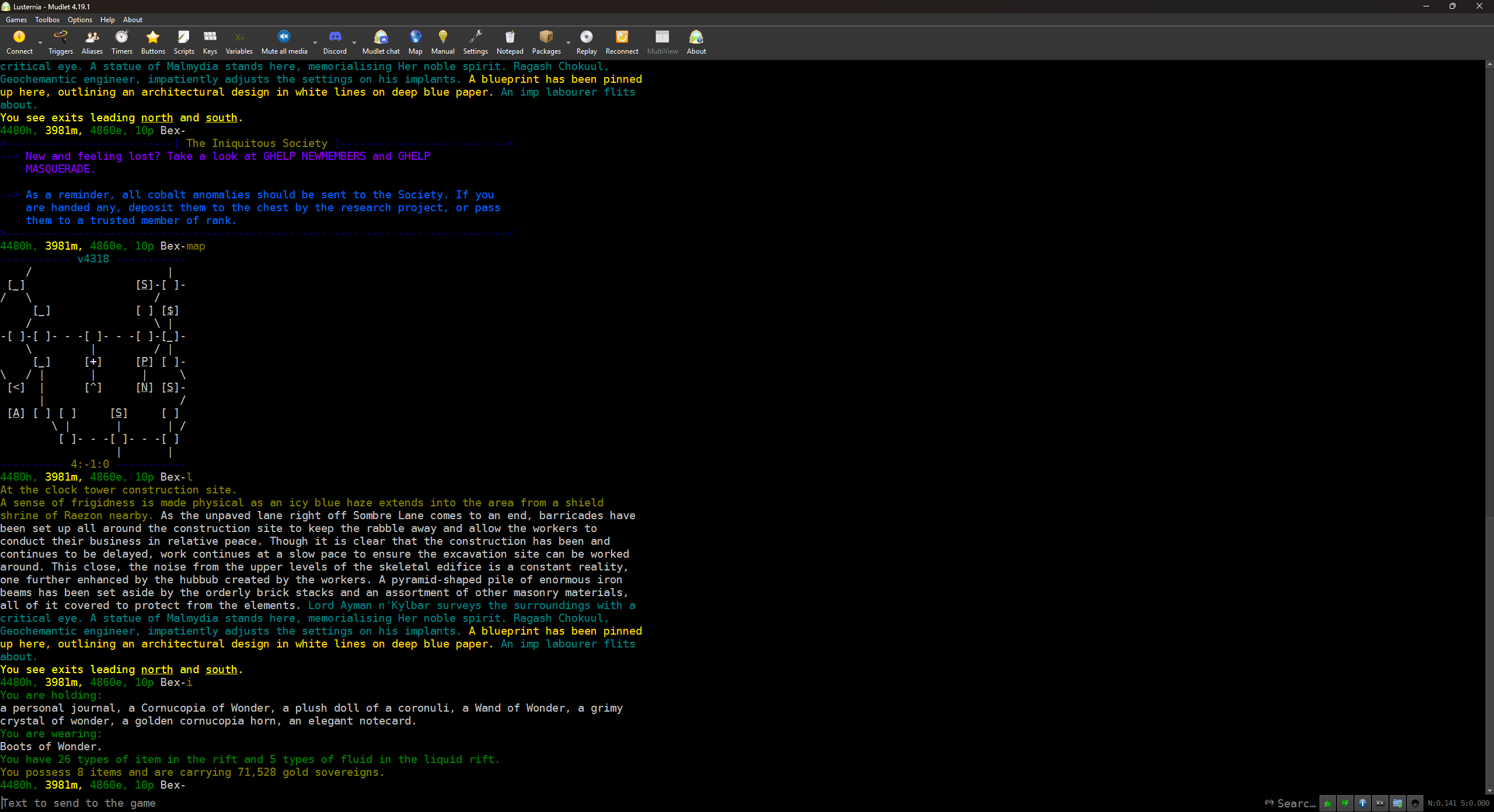 Lusternia running in Mudlet.