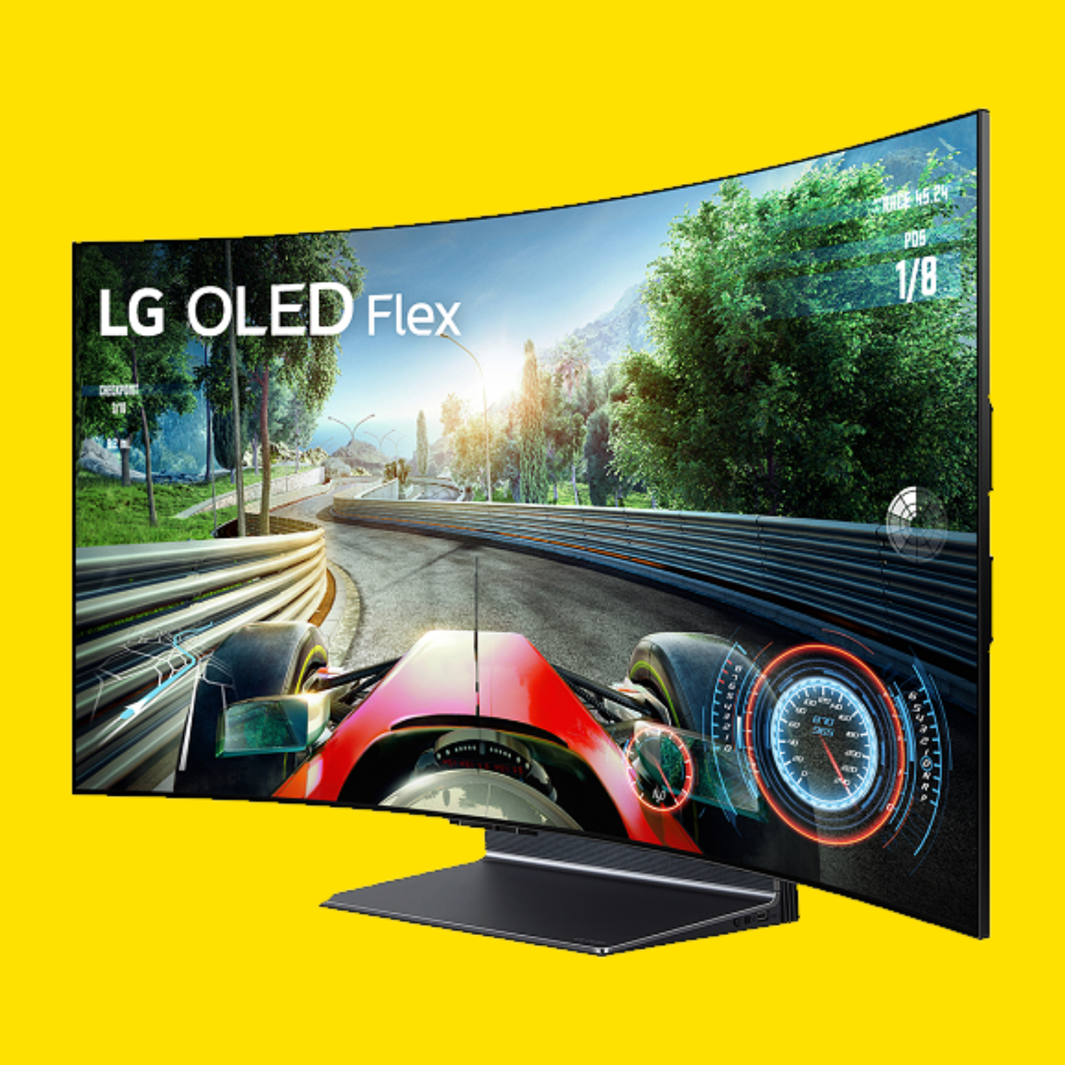 The LG OLED Flex 4K gaming monitor on a yellow background