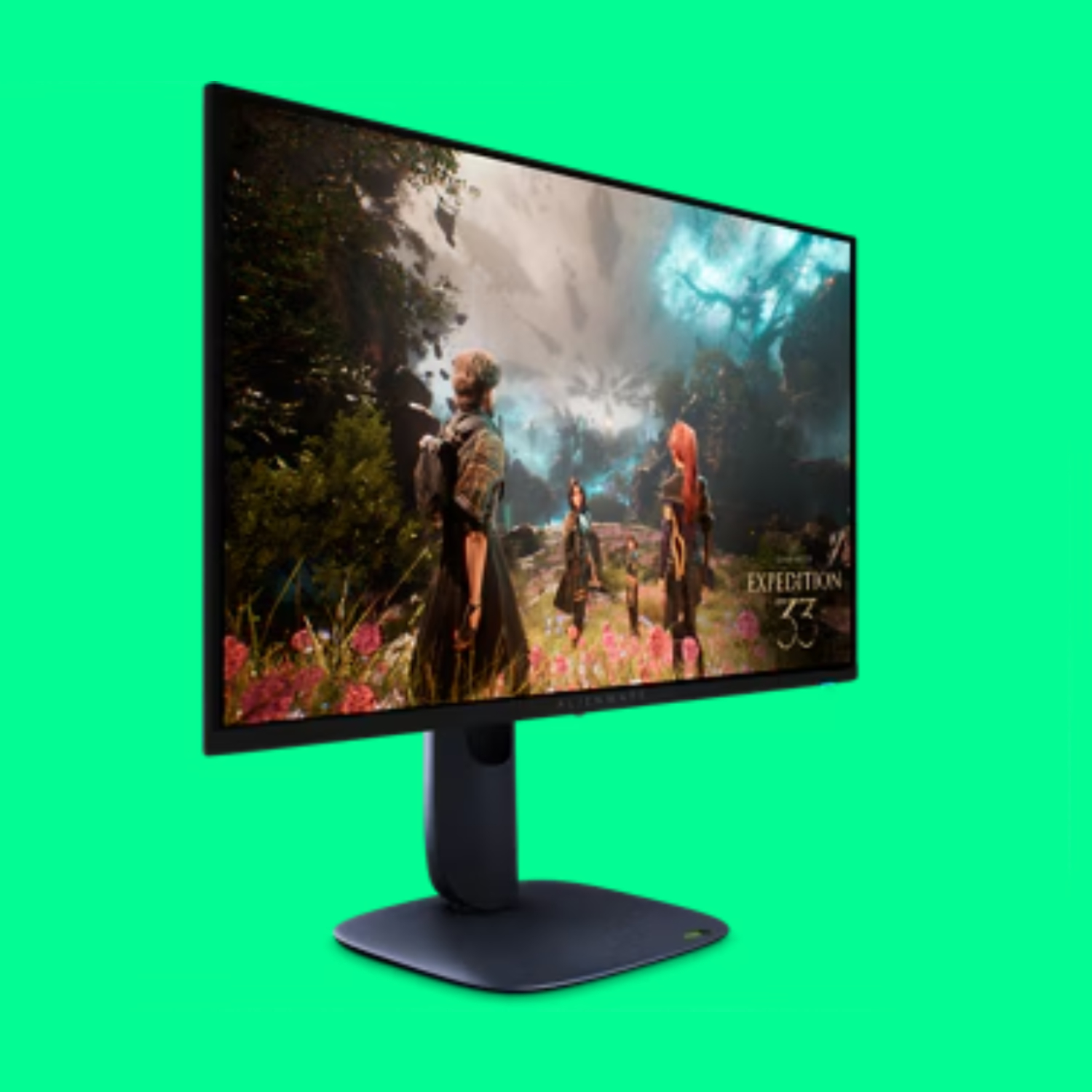 The Alienware 27 AW2725Q QD-OLED at a 3/4 angle on a green background