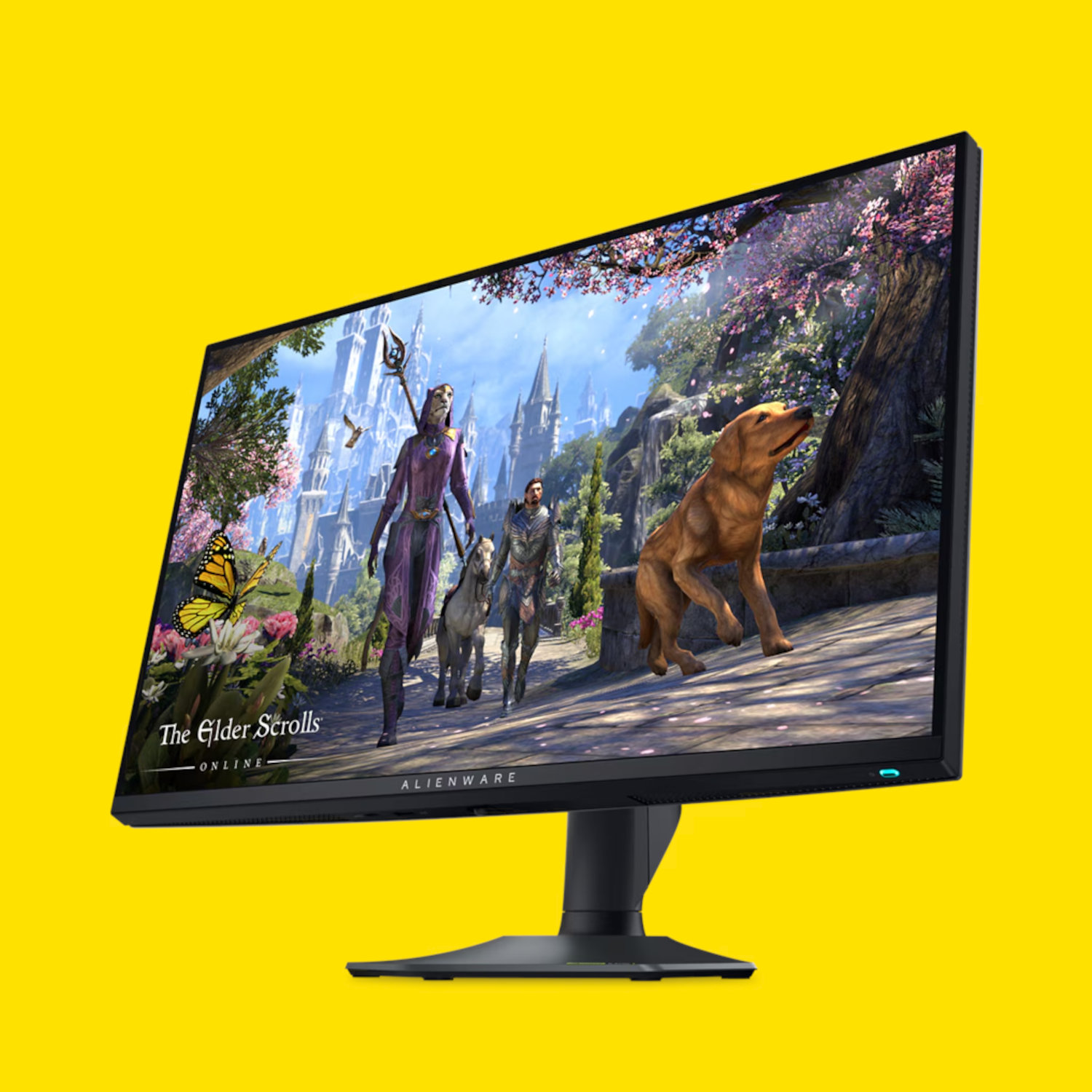 A promotional image of a Dell Alienware AW2725QF gaming monitor against a bright yellow background.