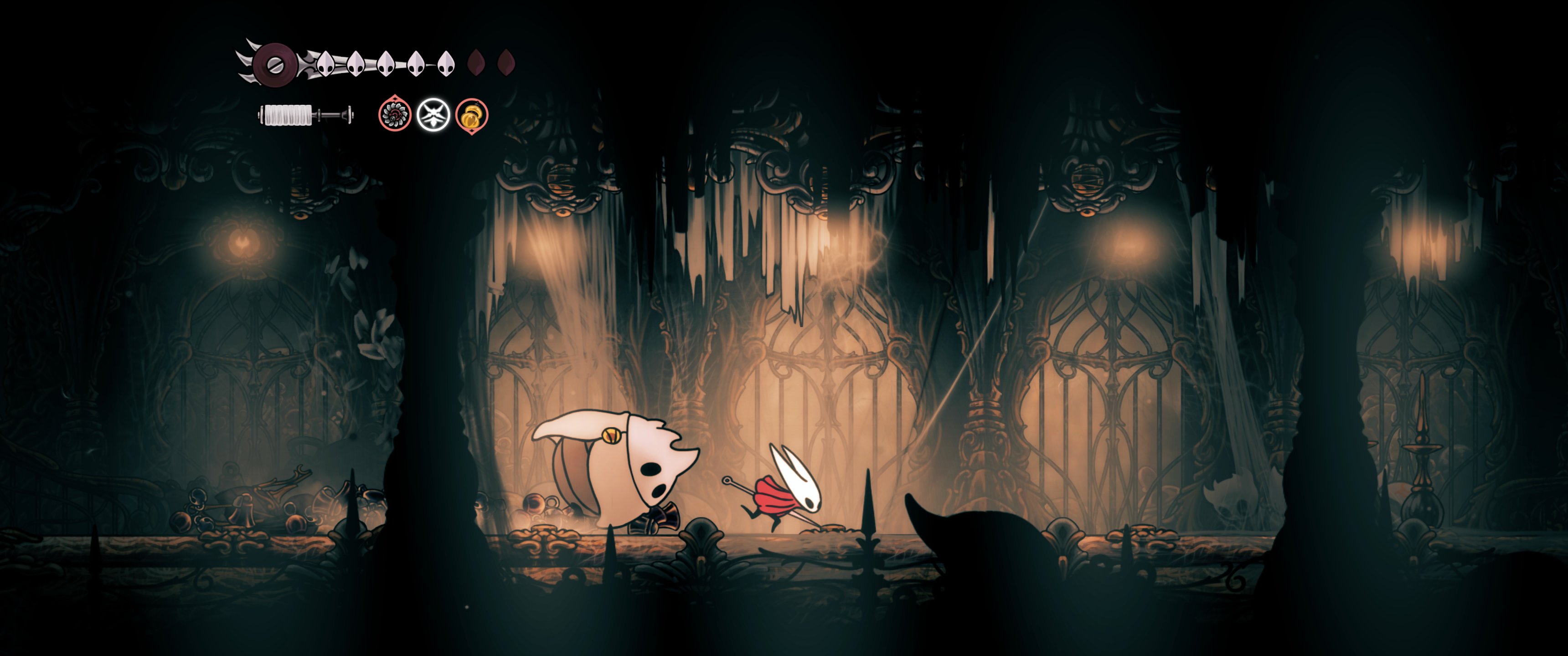 A Hollow Knight Silksong screenshot showcasing its support of an ultrawide 21:9 aspect ratio