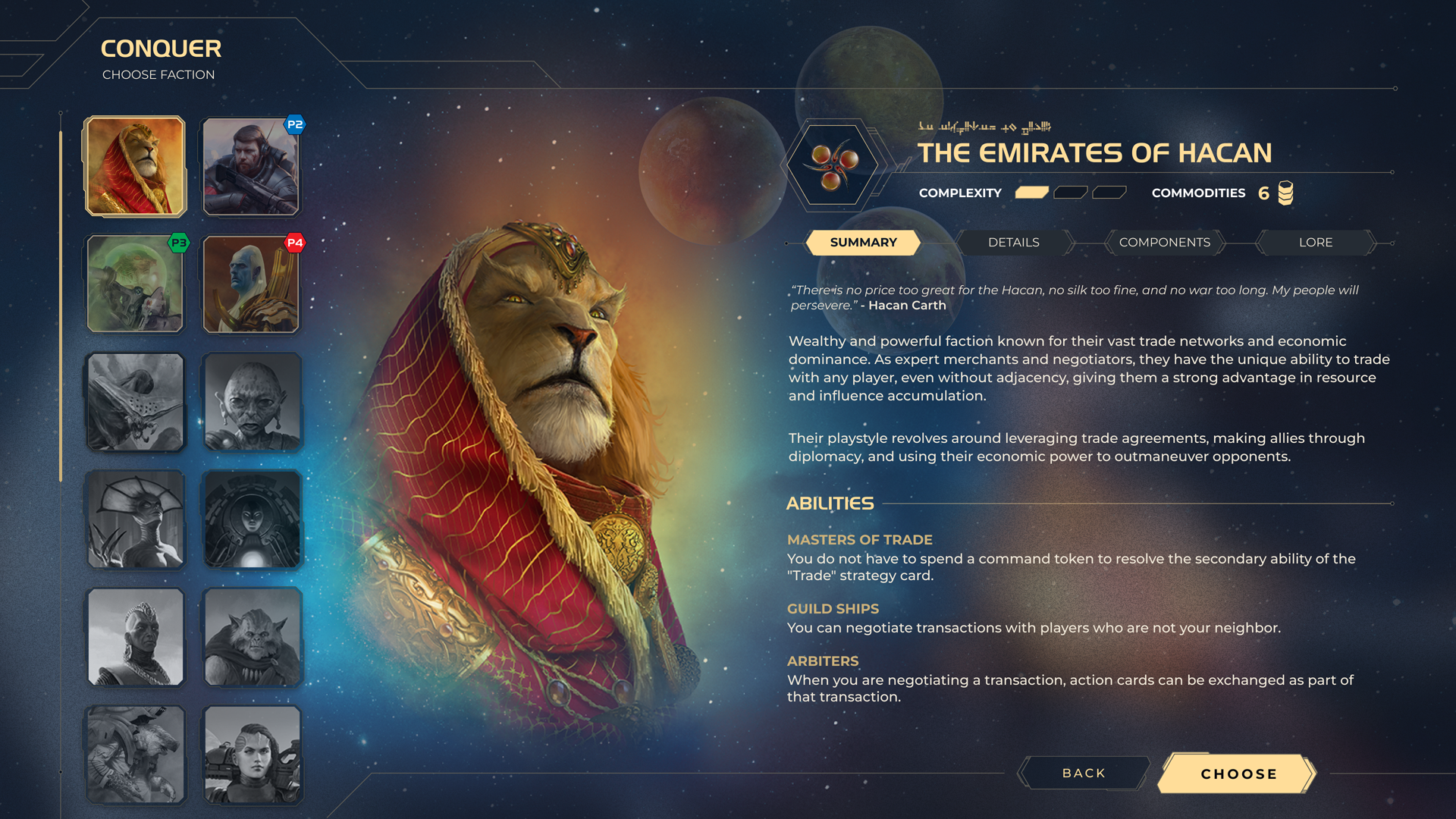 The faction selection screen in Twilight Imperium Digital, showing the description and abilities for the Emirates of Hacan.