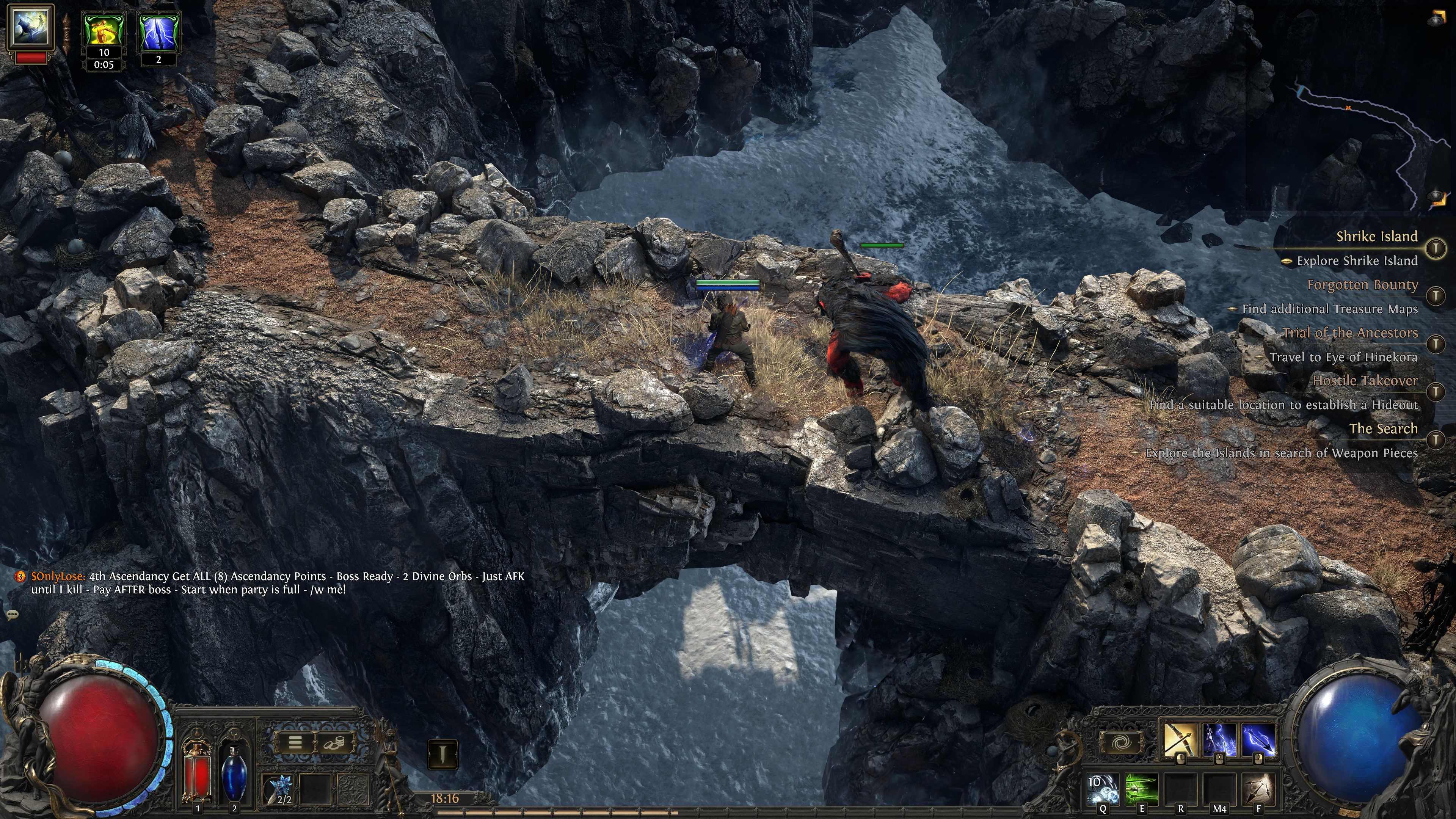 A screenshot of Path of Exile 2. A player character crosses a rocky path above water.