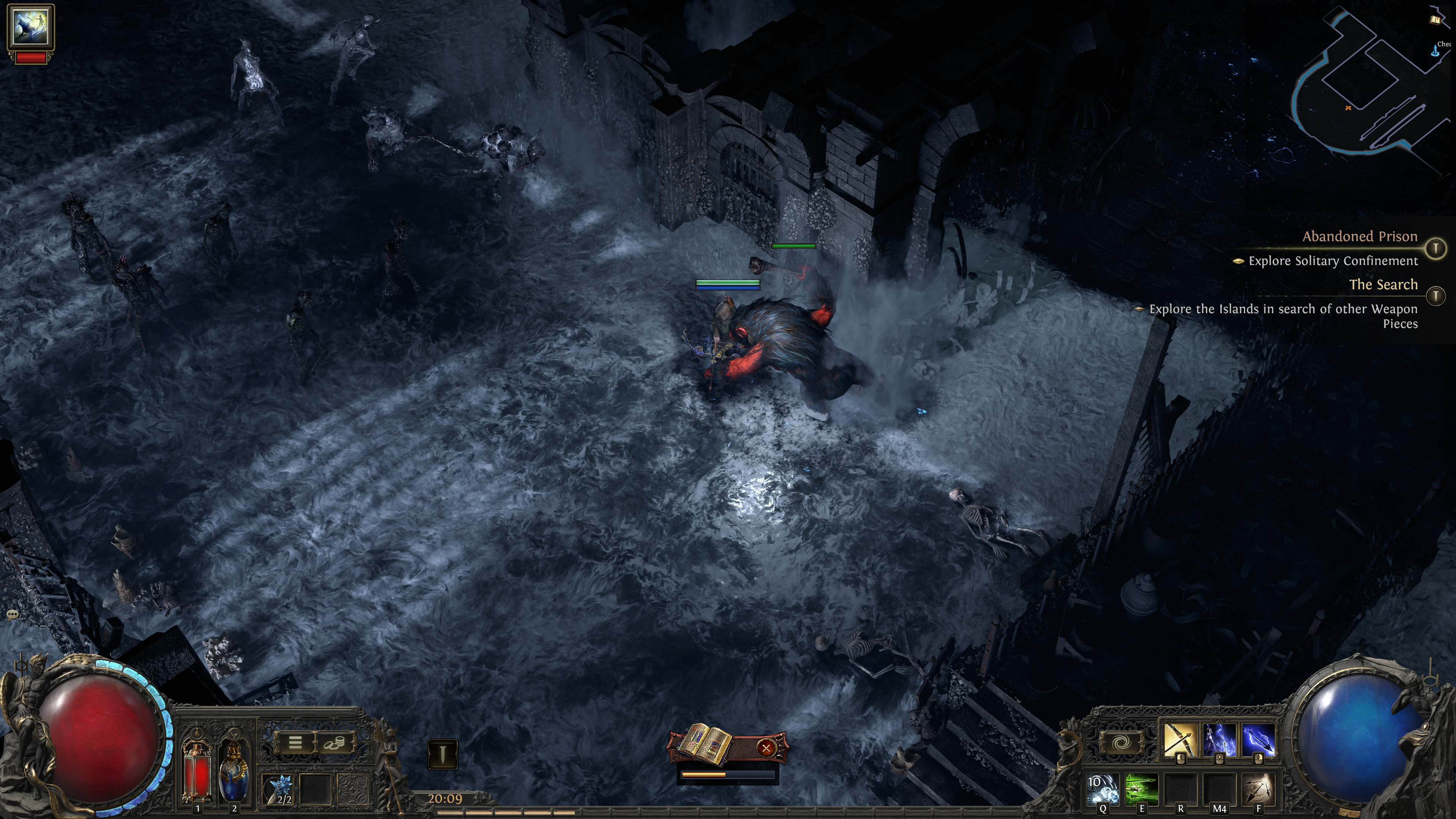 A screenshot of Path of Exile 2. A player character fights through a flooded prison.