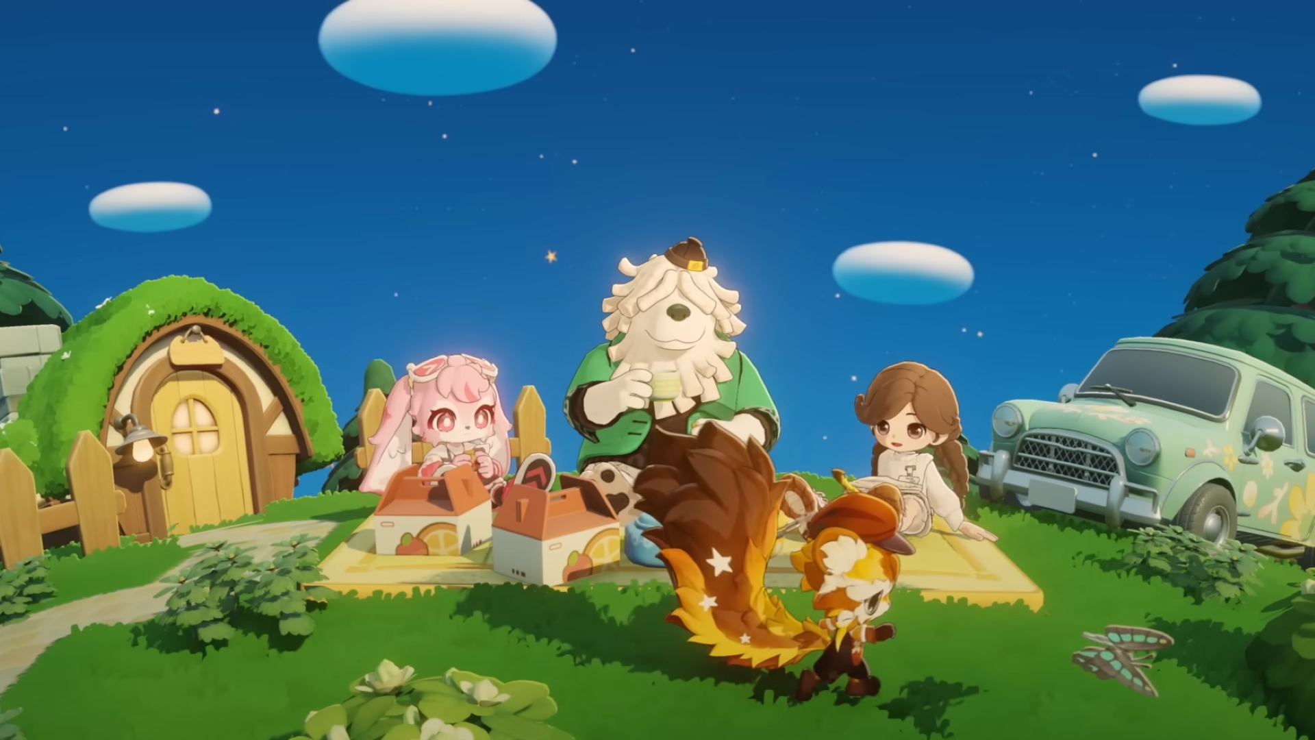 Three Petit Planet neighbors sitting with a player character outside having a picnic.