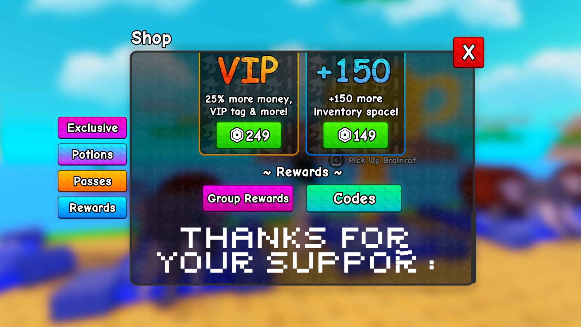 The Plants vs Brainrots shop, with a blue 