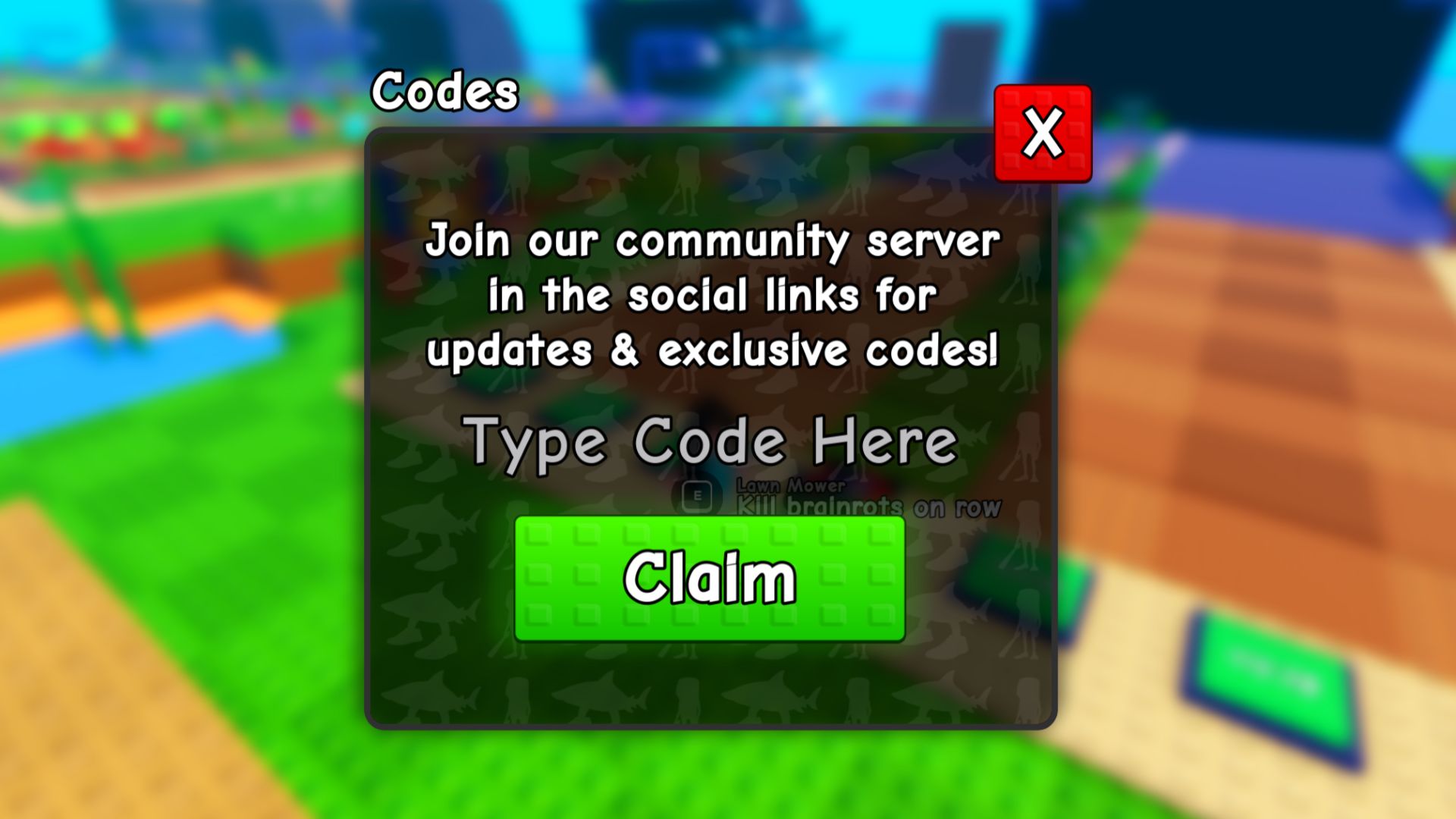 The final Plants vs Brainrots code redemption screen. There's a place that says 