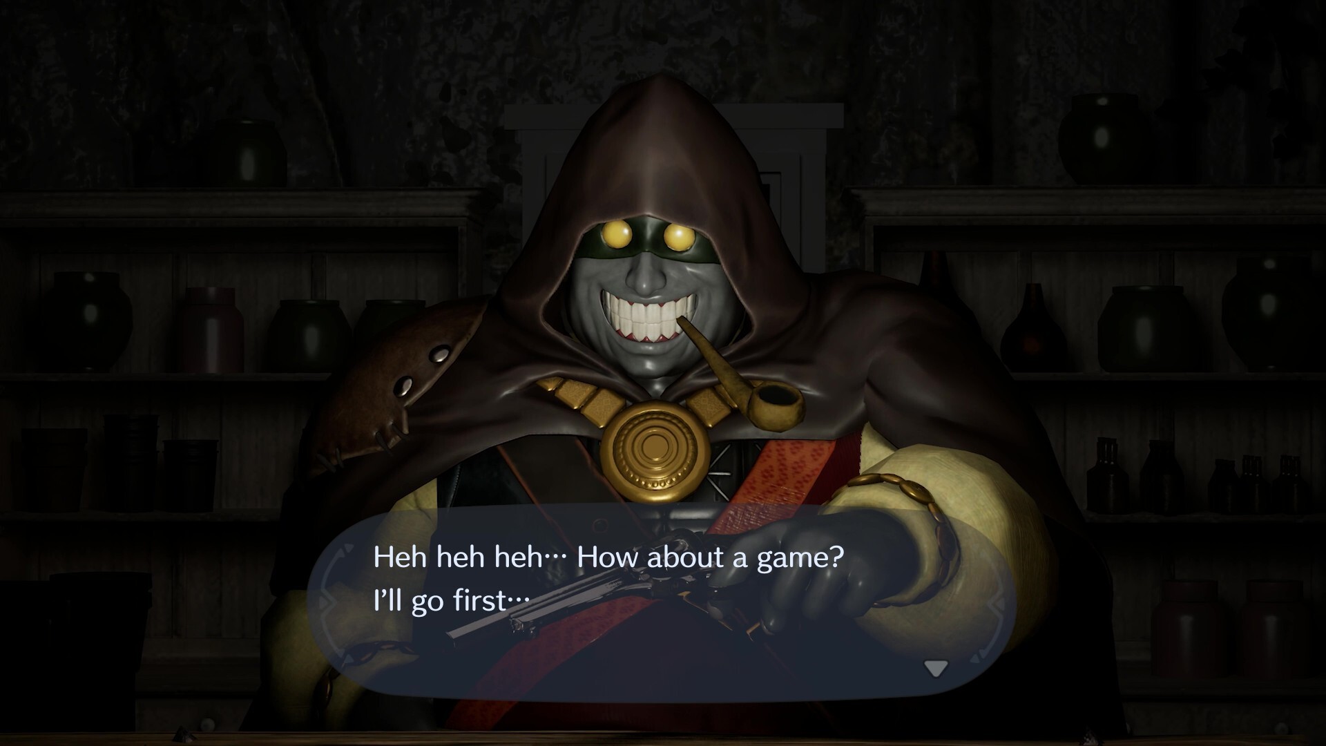 The Black Marketeer invites the player to partake in a game of Russian Roulette in Palworld: Palfarm.