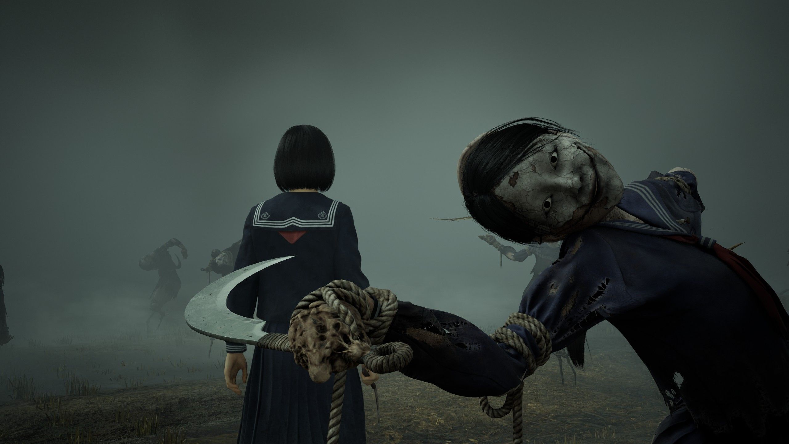 A masked scarecrow dressed as a schoolgirl holds a sickle
