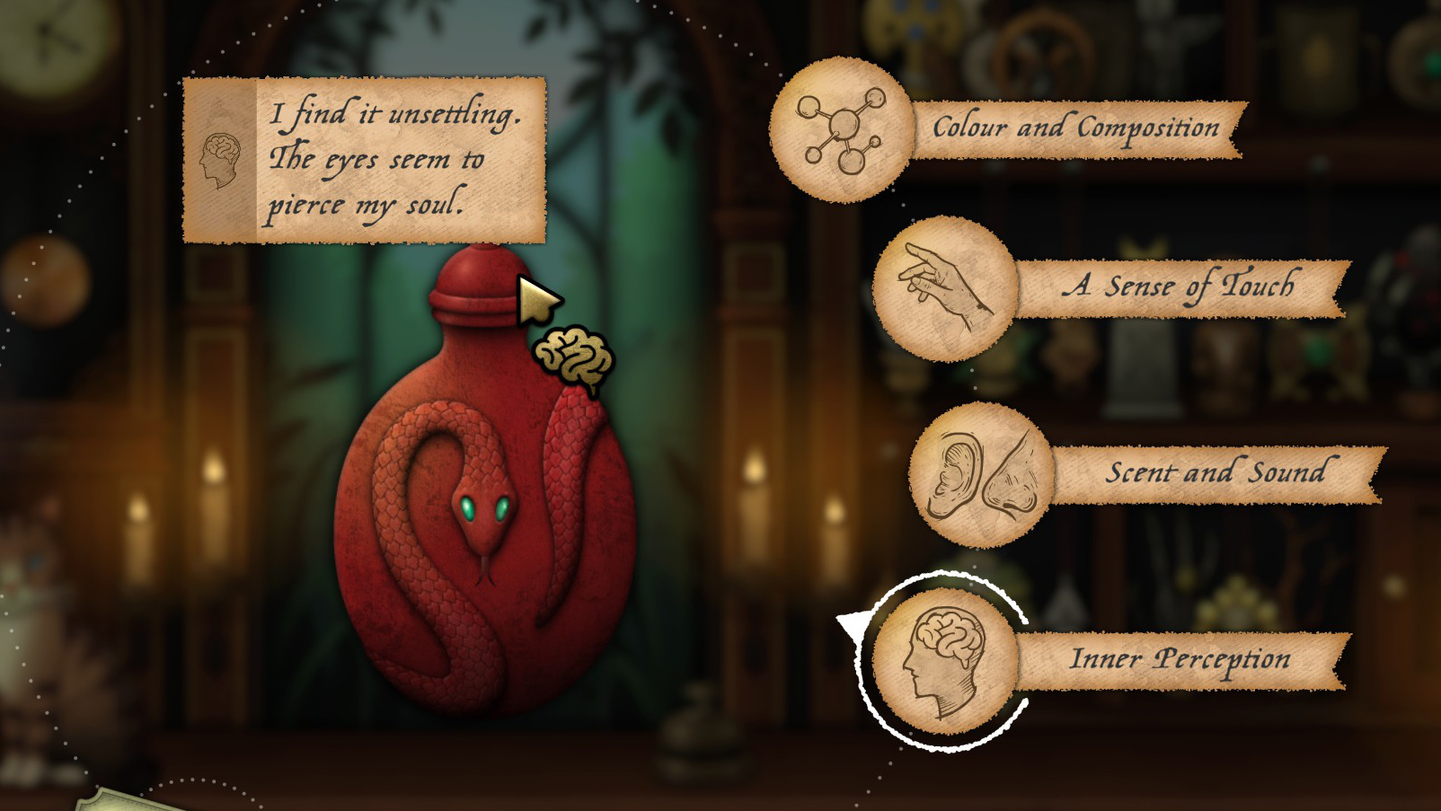 A red vase with a snake emblem being examined