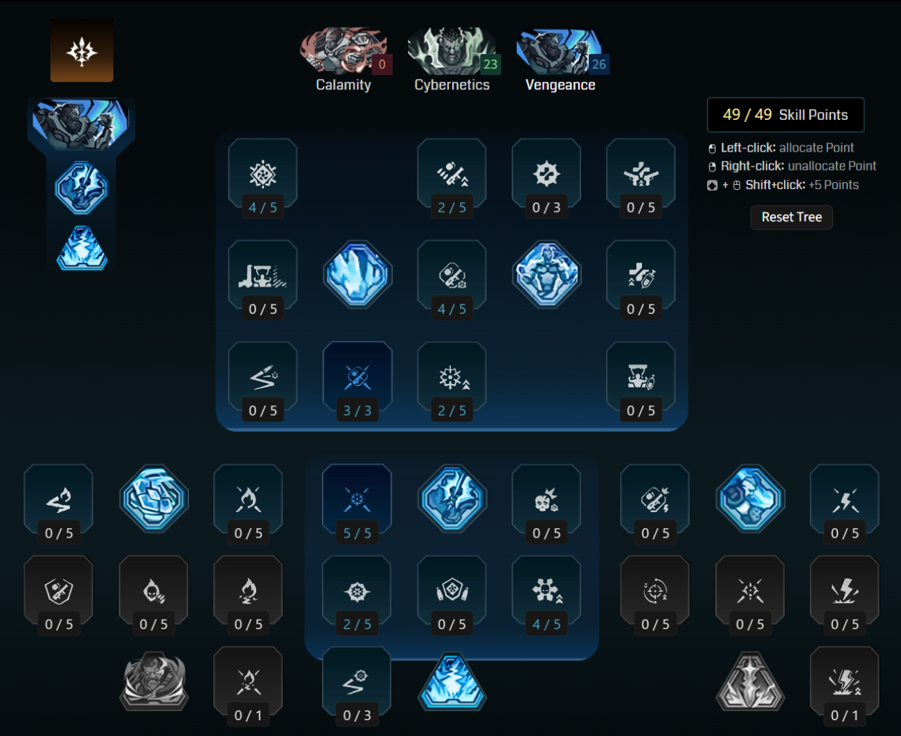 Borderlands 4 Amon builds: A screenshot of Amon's Vengeance tree for the Iceplosions build from Maxroll's builder.