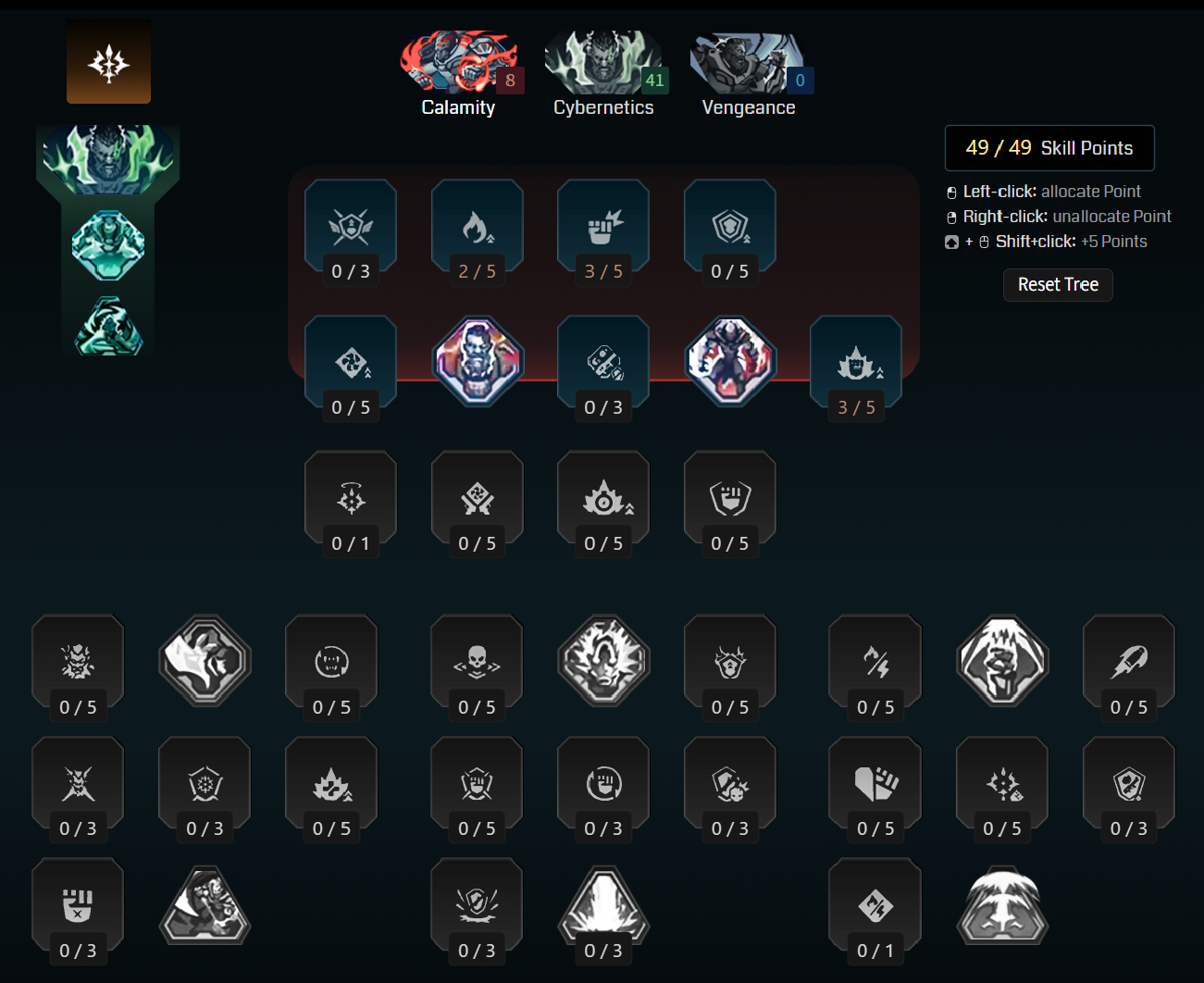 Borderlands 4 Amon builds: A screenshot of Amon's Calamity tree for the Cyber Viking build from Maxroll's builder.