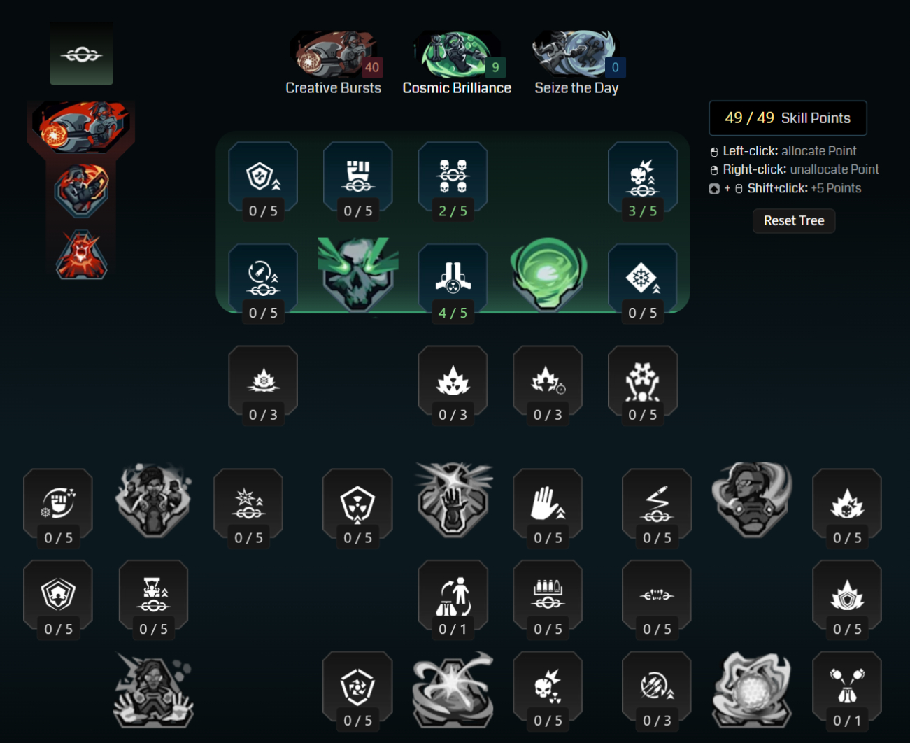 Borderlands 4 Harlowe builds: A screenshot of Harlowe's Cosmic Brilliance tree for her Dirty Bomb build from Maxroll's builder.