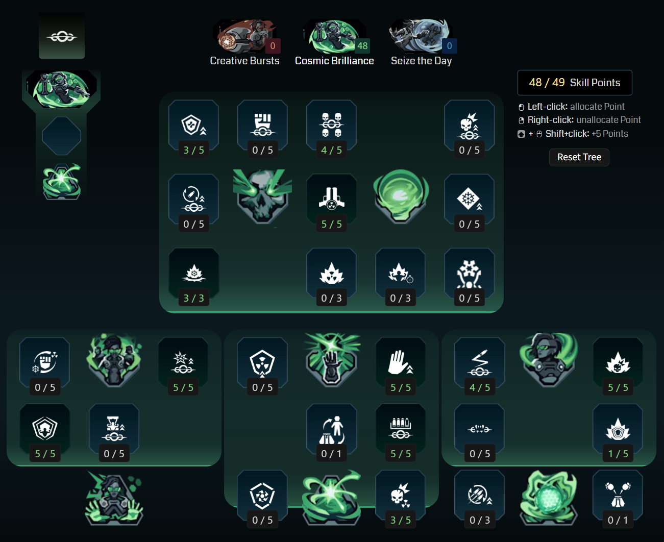 Borderlands 4 Harlowe builds: A screenshot of Harlowe's Cosmic Brilliance tree for her Nuclear Winter build from Maxroll's builder.