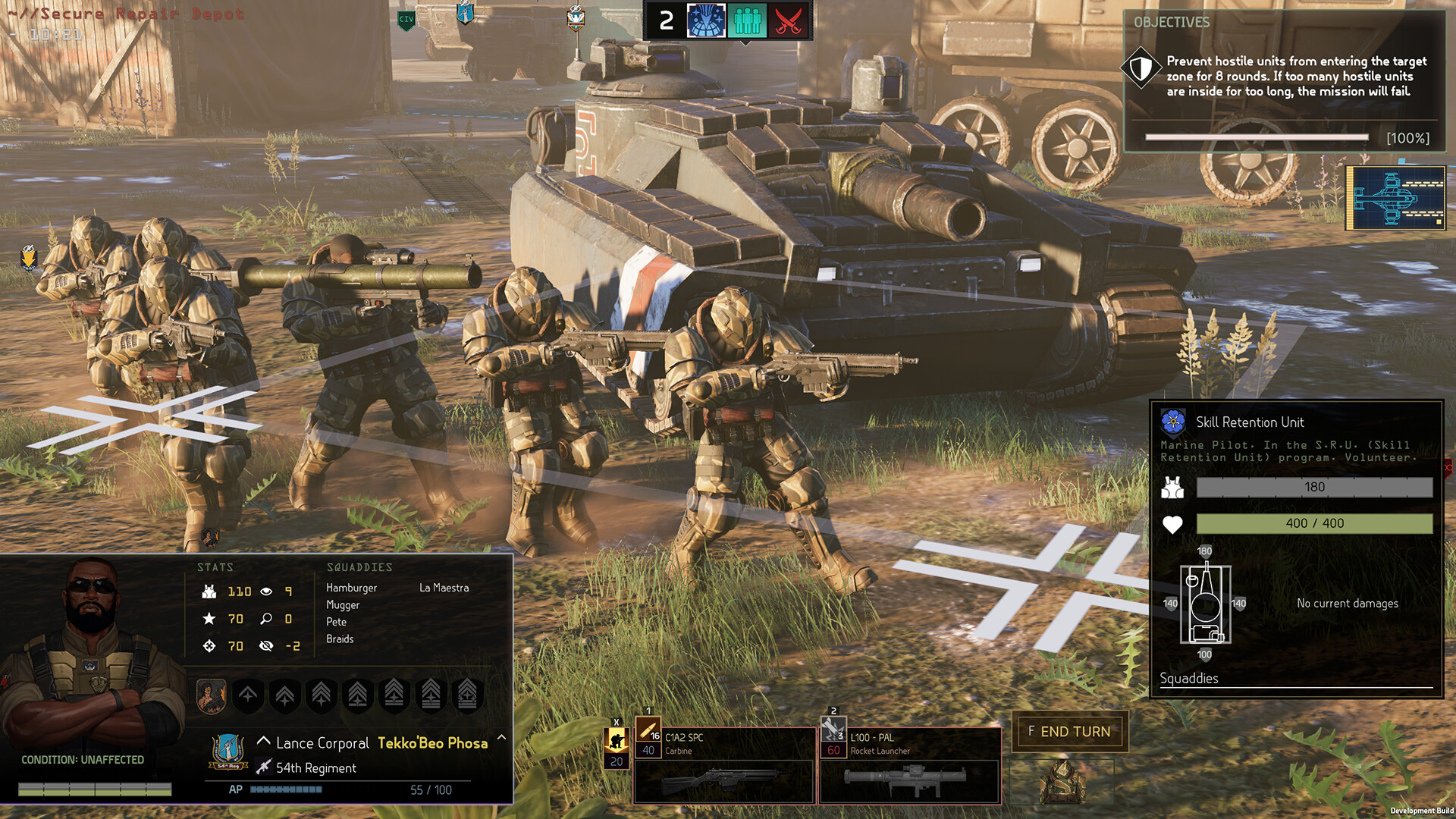 A group of soldiers advancing alongside a tank in Menace.