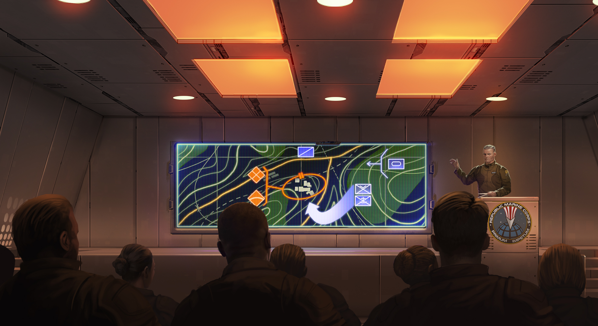 A soldier presenting a strategy map in Menace.