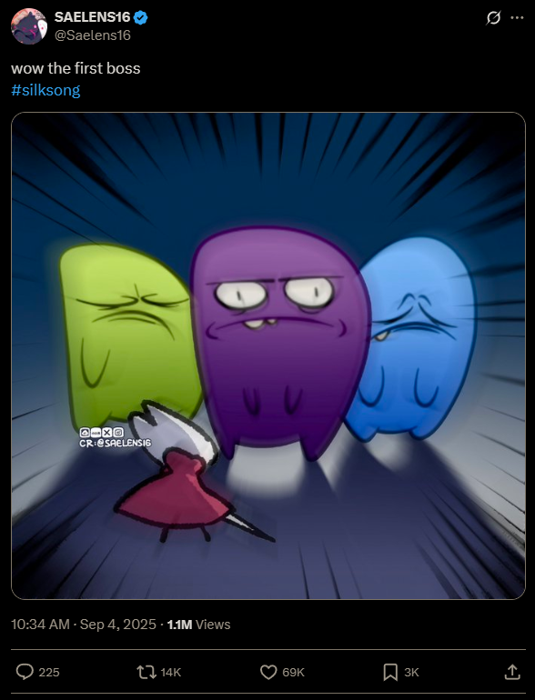 Fanart of Hornet facing the trio of Steam outage goblins.