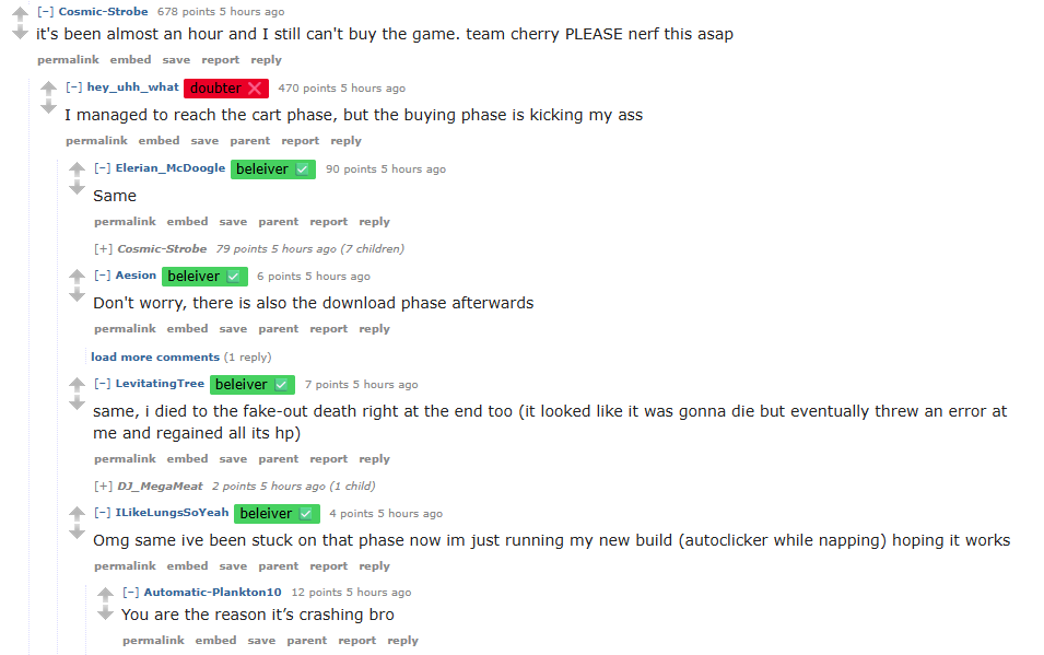 Redditors demanding nerfs and sharing boss strats for how to actually buy Silksong.