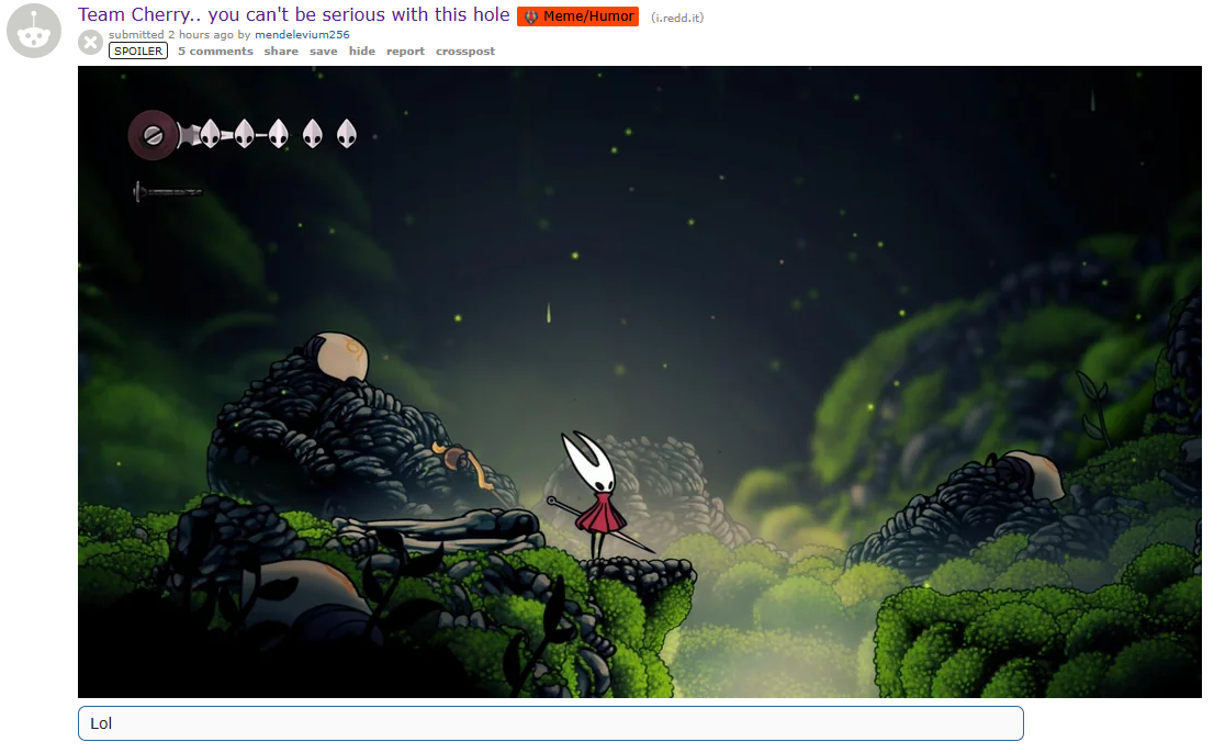 A Silksong screenshot shared on Reddit of an early game hole that forces players to replay the tutorial area.