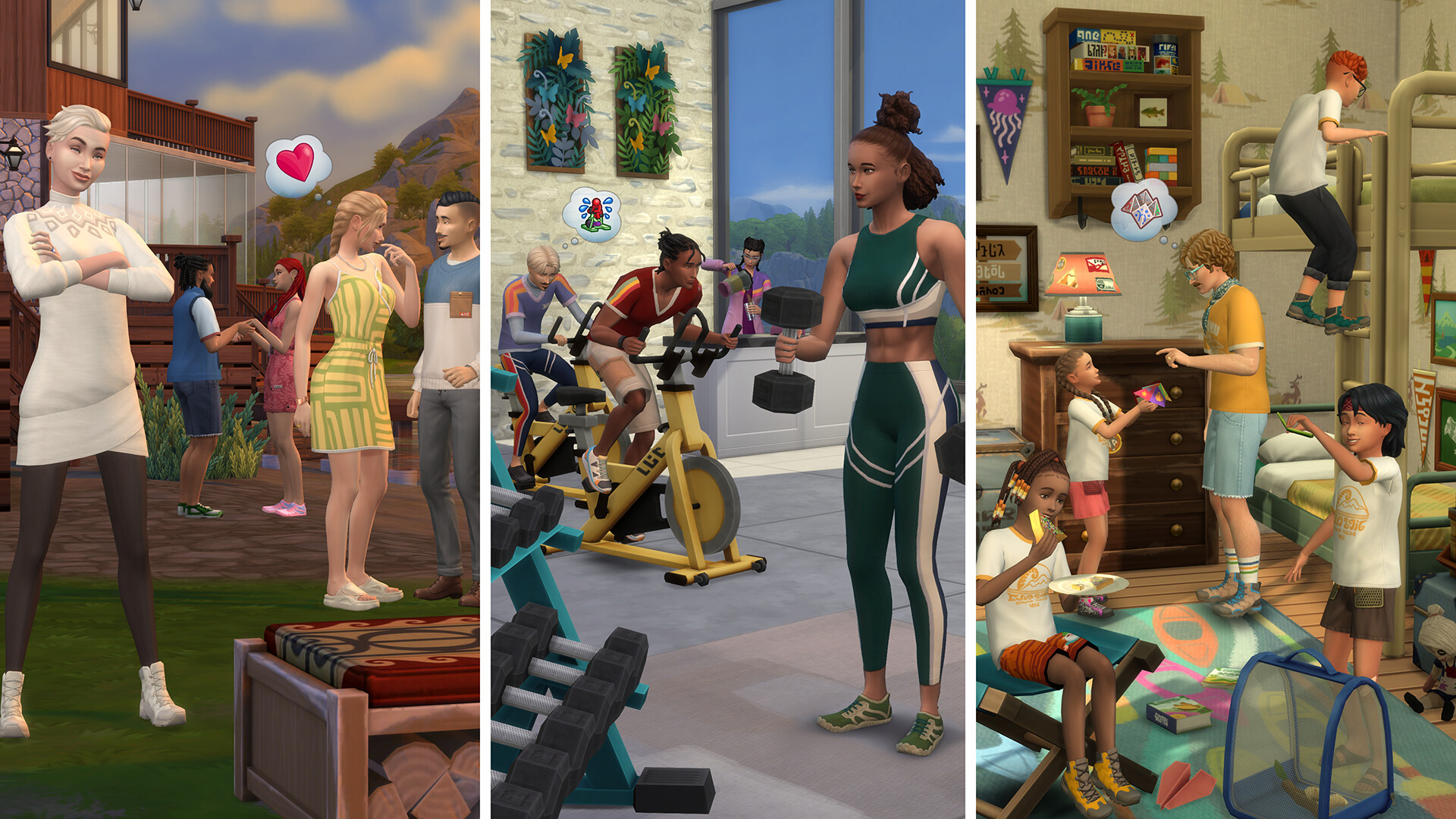 New traits and aspirations Sims can experience in The Sims 4 Adventure Awaits. Three panels show Sims experiencing what looks like love on a reality show, working out at a gym, and kids playing in a room full of toys.
